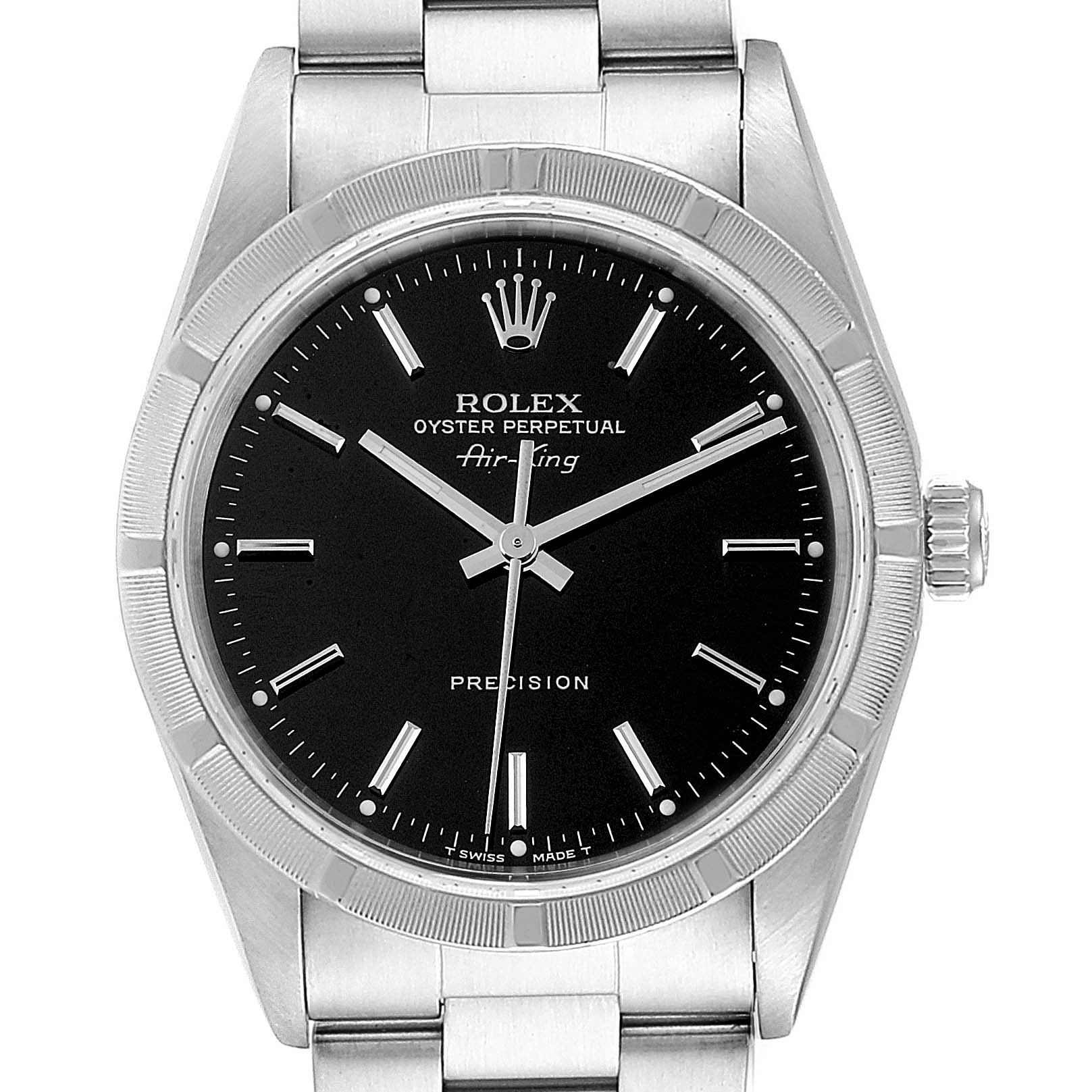 The image shows a head-on view of the Rolex Air-King 14010 Men's Stainless Steel Black Dial 14010 Men's Stainless Steel Black Dial, featuring its black dial, silver hands, markers, and stainless steel bracelet.