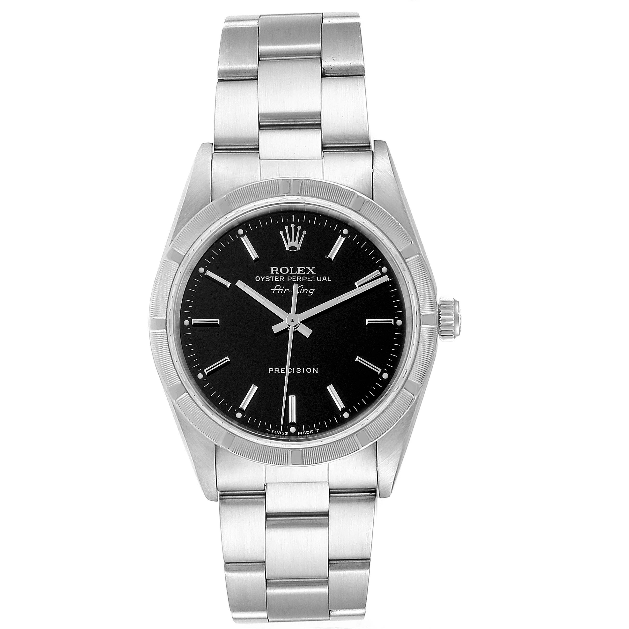 The image shows a front view of a Rolex Air-King 14010 Men's Stainless Steel Black Dial 14010 Men's Stainless Steel Black Dial watch, highlighting its black dial, silver bracelet, and crown.