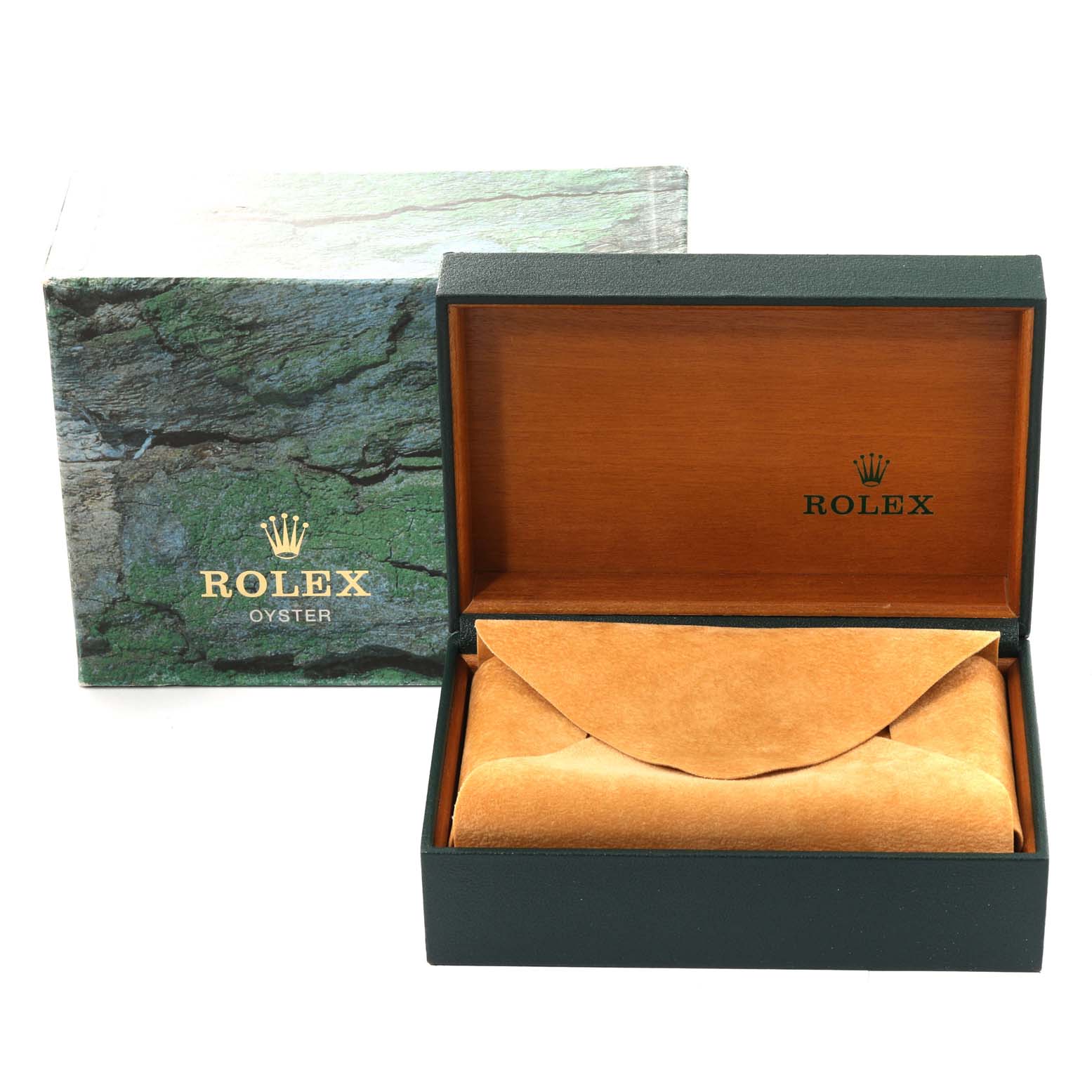 This image shows the packaging box and open presentation case for a Rolex Air-King 14010 Men's Stainless Steel Blue Dial 14010 Men's Stainless Steel Blue Dial watch.