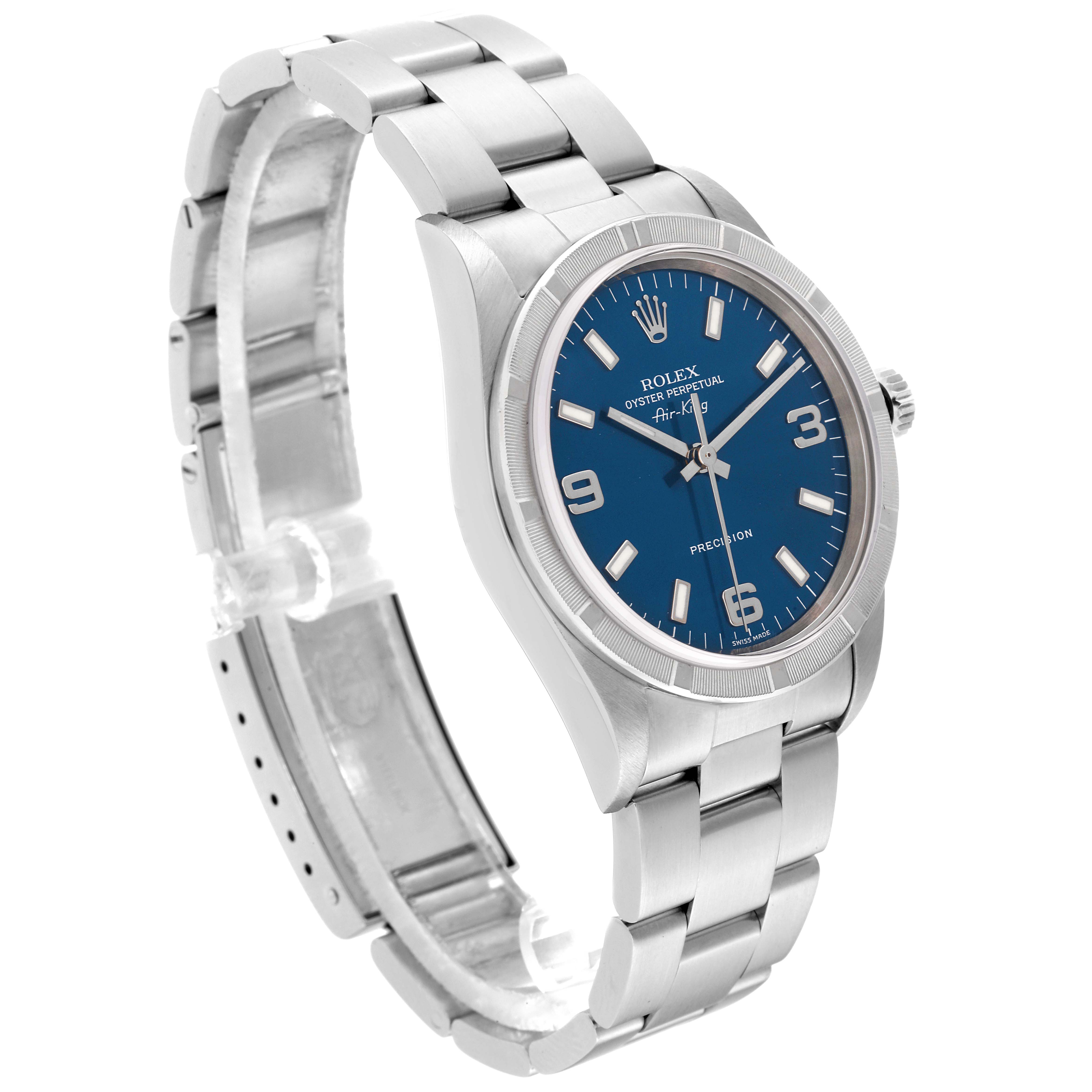 The image shows a side angle view of the Rolex Air-King 14010 Men's Stainless Steel Blue Dial 14010 Men's Stainless Steel Blue Dial watch highlighting its blue dial, stainless steel bracelet, and case.