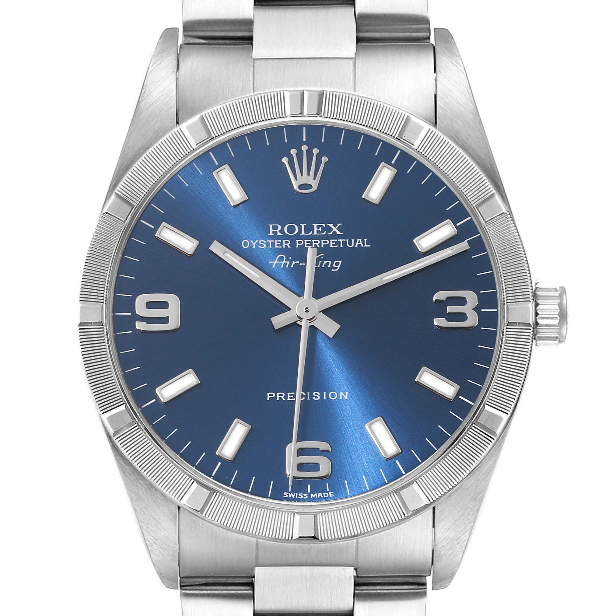 The image shows a close-up view of the Rolex Air-King 14010 Men's Stainless Steel Blue Dial 14010 Men's Stainless Steel Blue Dial watch face and part of its stainless steel band.