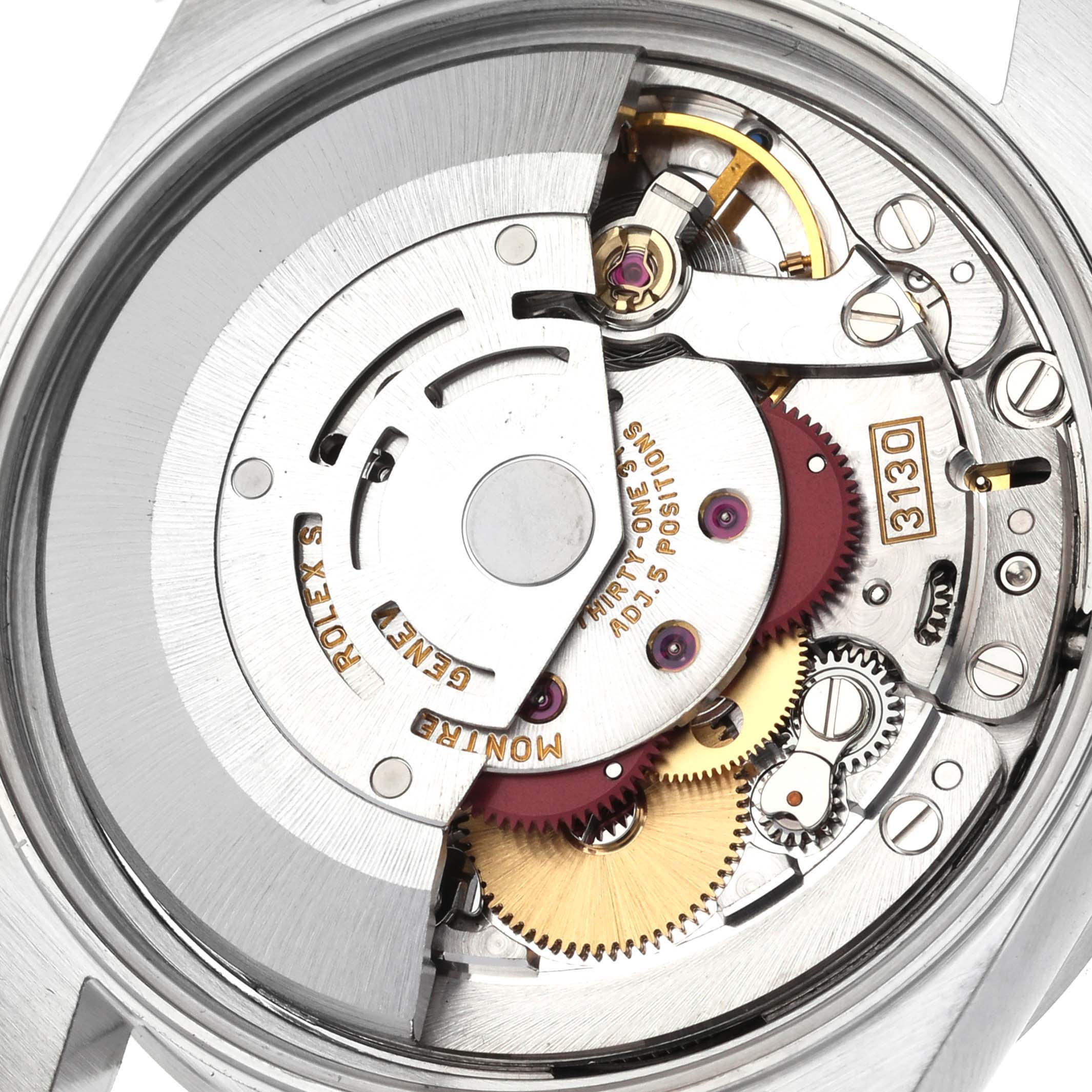 This image shows the internal mechanical movement of the Rolex Air-King 14010 Men's Stainless Steel Blue Dial 14010 Men's Stainless Steel Blue Dial watch from a top-down angle.