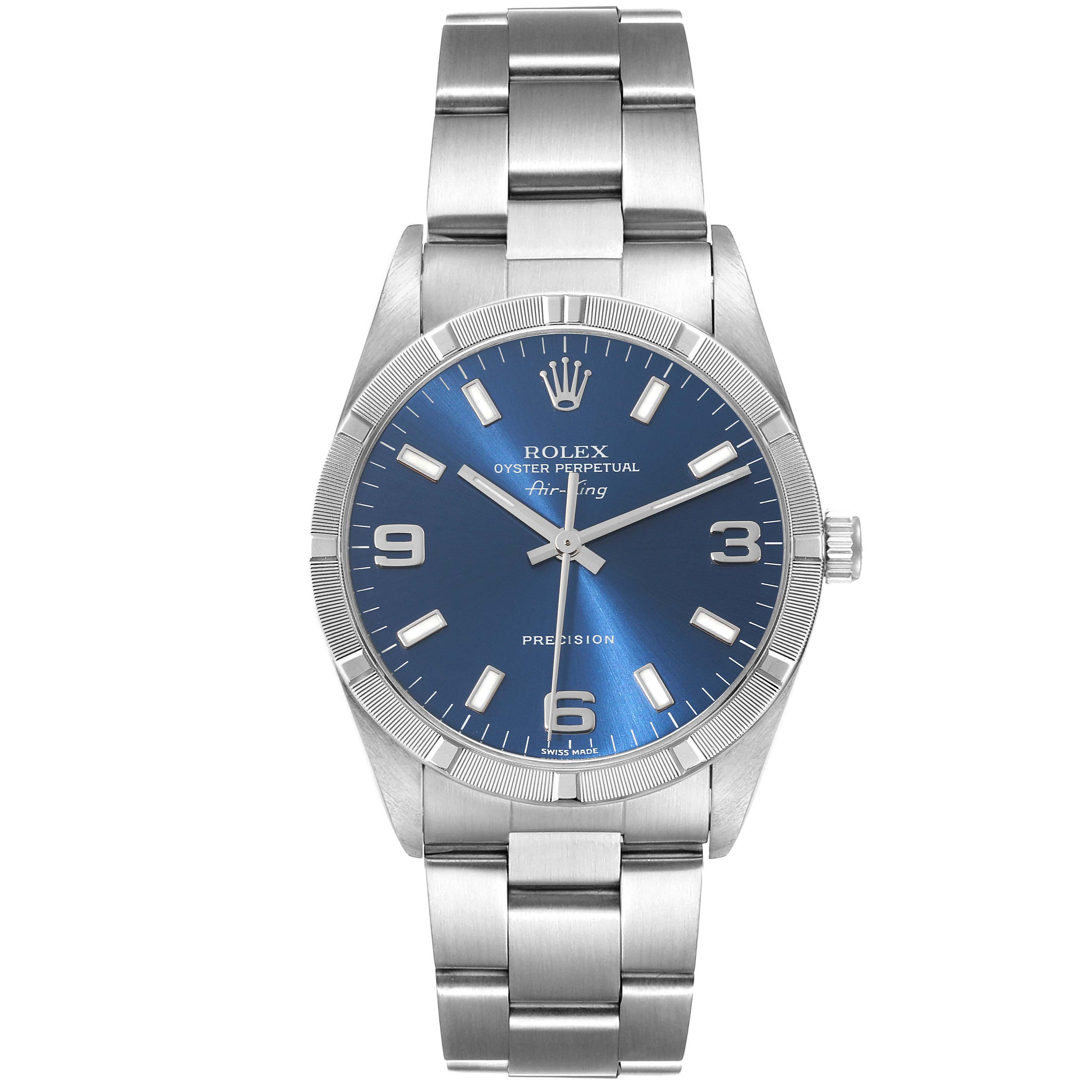 This Rolex Air-King 14010 Men's Stainless Steel Blue Dial 14010 Men's Stainless Steel Blue Dial watch is shown from a front angle, highlighting the face, bezel, and bracelet.
