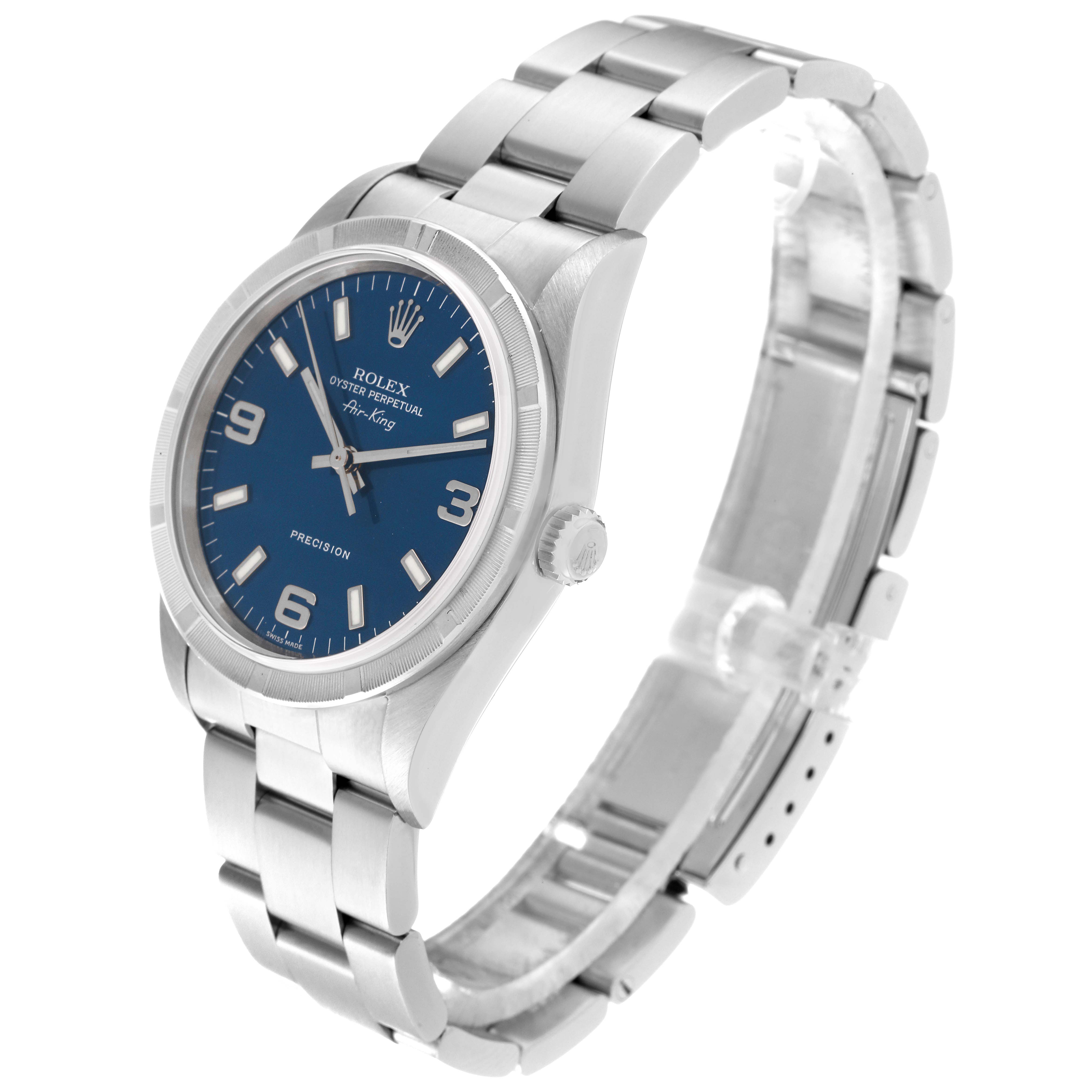 The image shows a Rolex Air-King 14010 Men's Stainless Steel Blue Dial 14010 Men's Stainless Steel Blue Dial watch angled from the top left, displaying the face, bracelet, and crown.