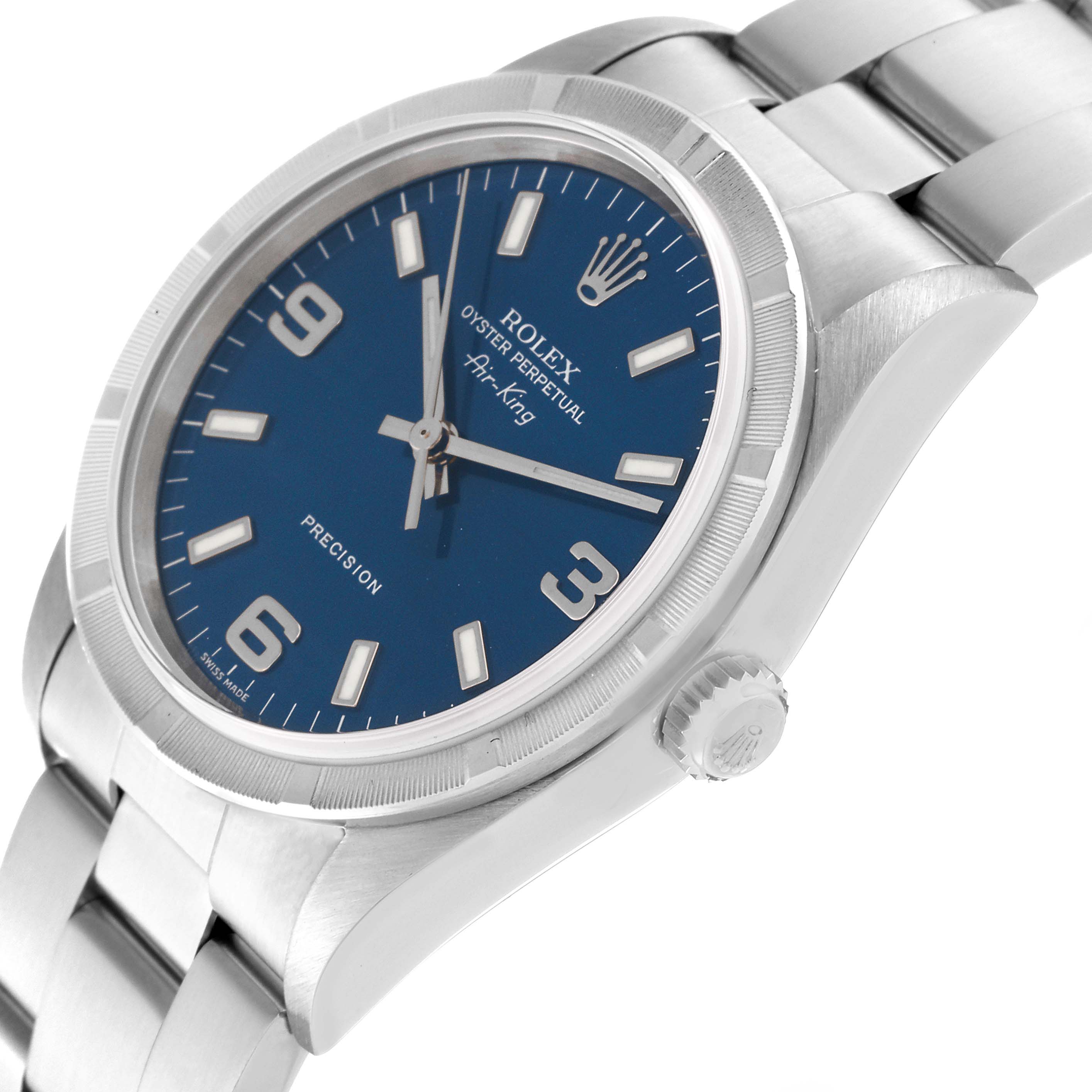 The image shows a Rolex Air-King 14010 Men's Stainless Steel Blue Dial 14010 Men's Stainless Steel Blue Dial watch shot at a slight angle from above, highlighting the dial, bezel, and part of the bracelet.