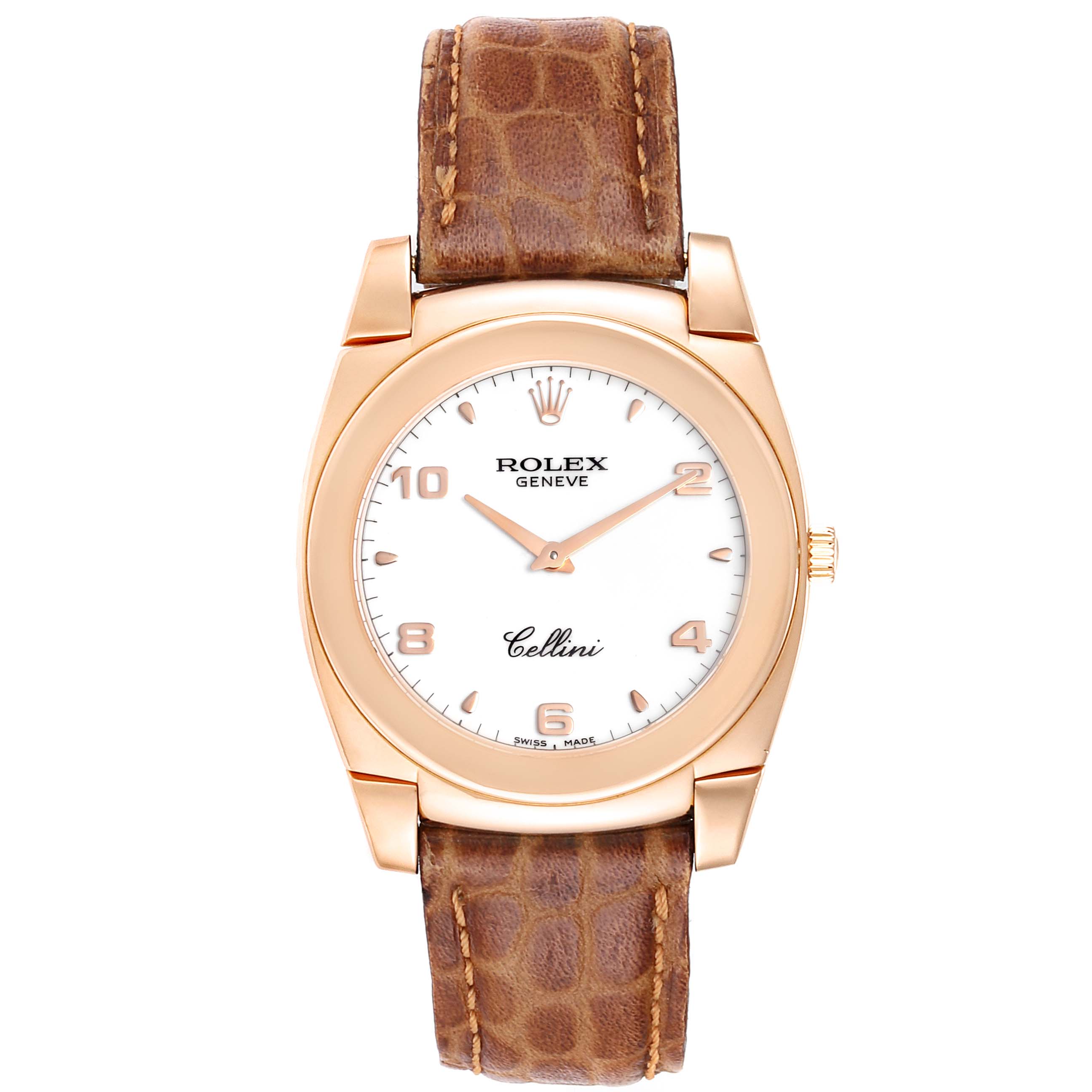 This image shows a frontal view of the Rolex Cellini 5330 Men's Rose Gold White Dial 5330 Men's Rose Gold White Dial watch with a brown leather strap and rose gold case.