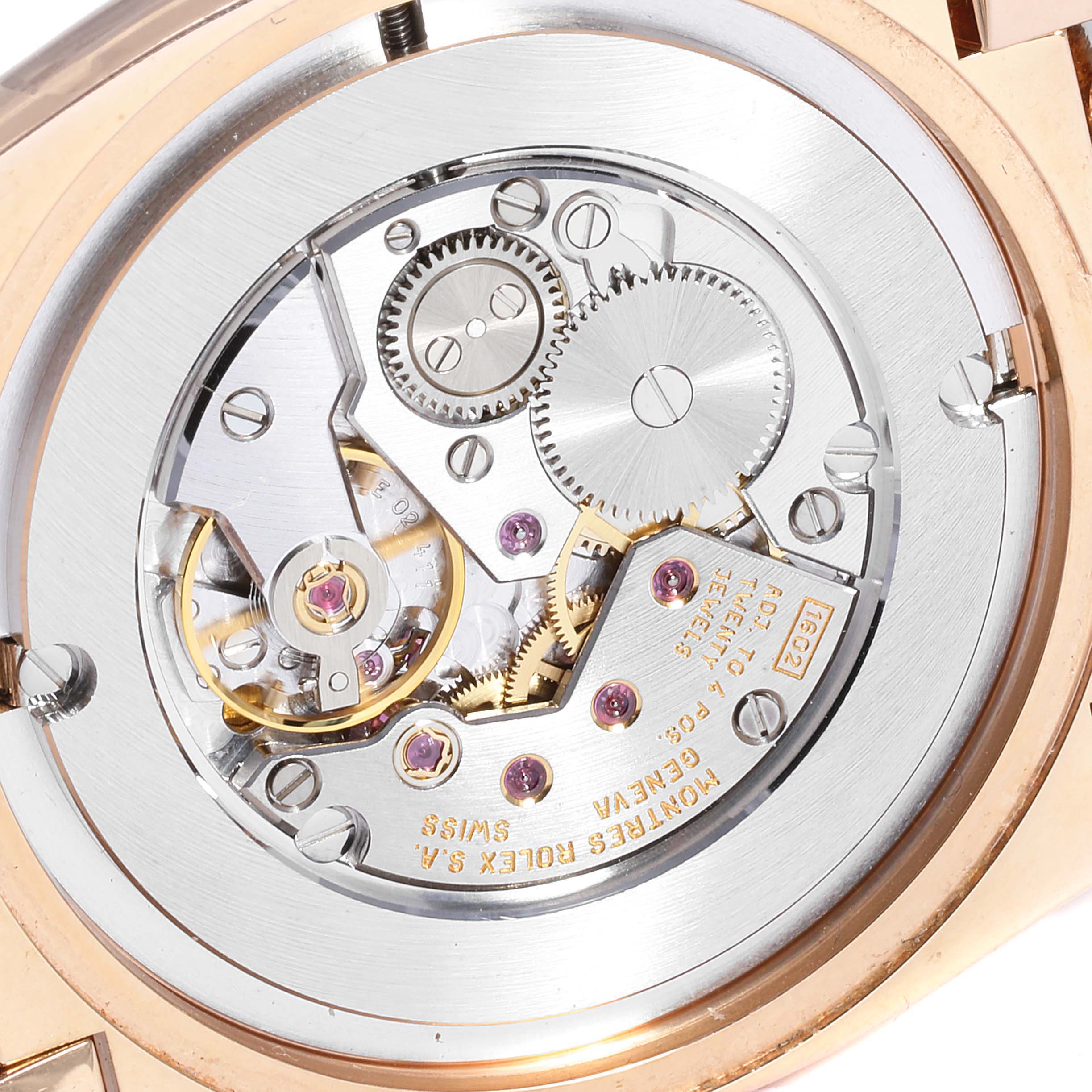The image shows a close-up of the movement and internal mechanism of a Rolex Cellini 5330 Men's Rose Gold White Dial 5330 Men's Rose Gold White Dial watch.