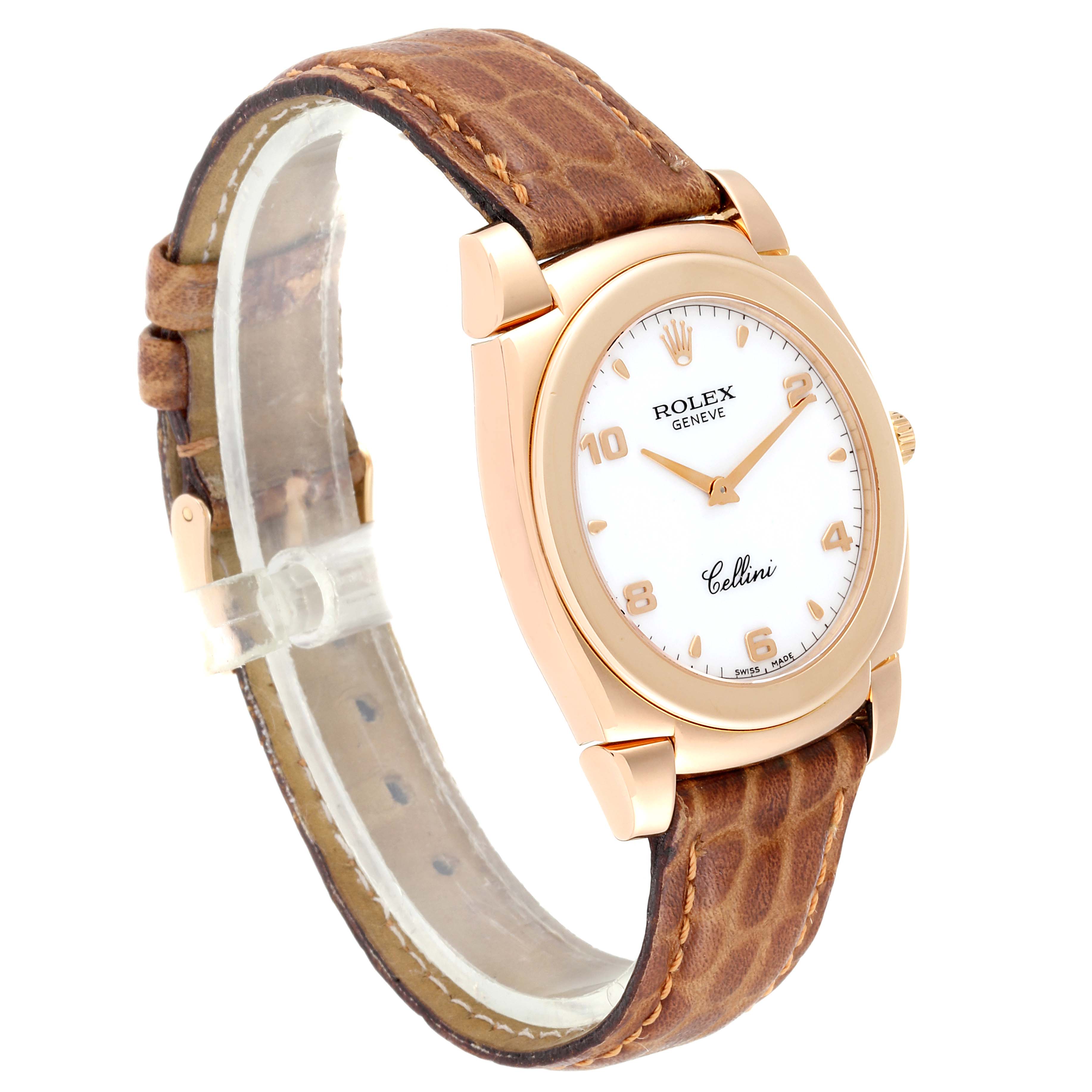 The image shows a side angle of the Rolex Cellini 5330 Men's Rose Gold White Dial 5330 Men's Rose Gold White Dial watch, highlighting the face, case, and brown leather strap.