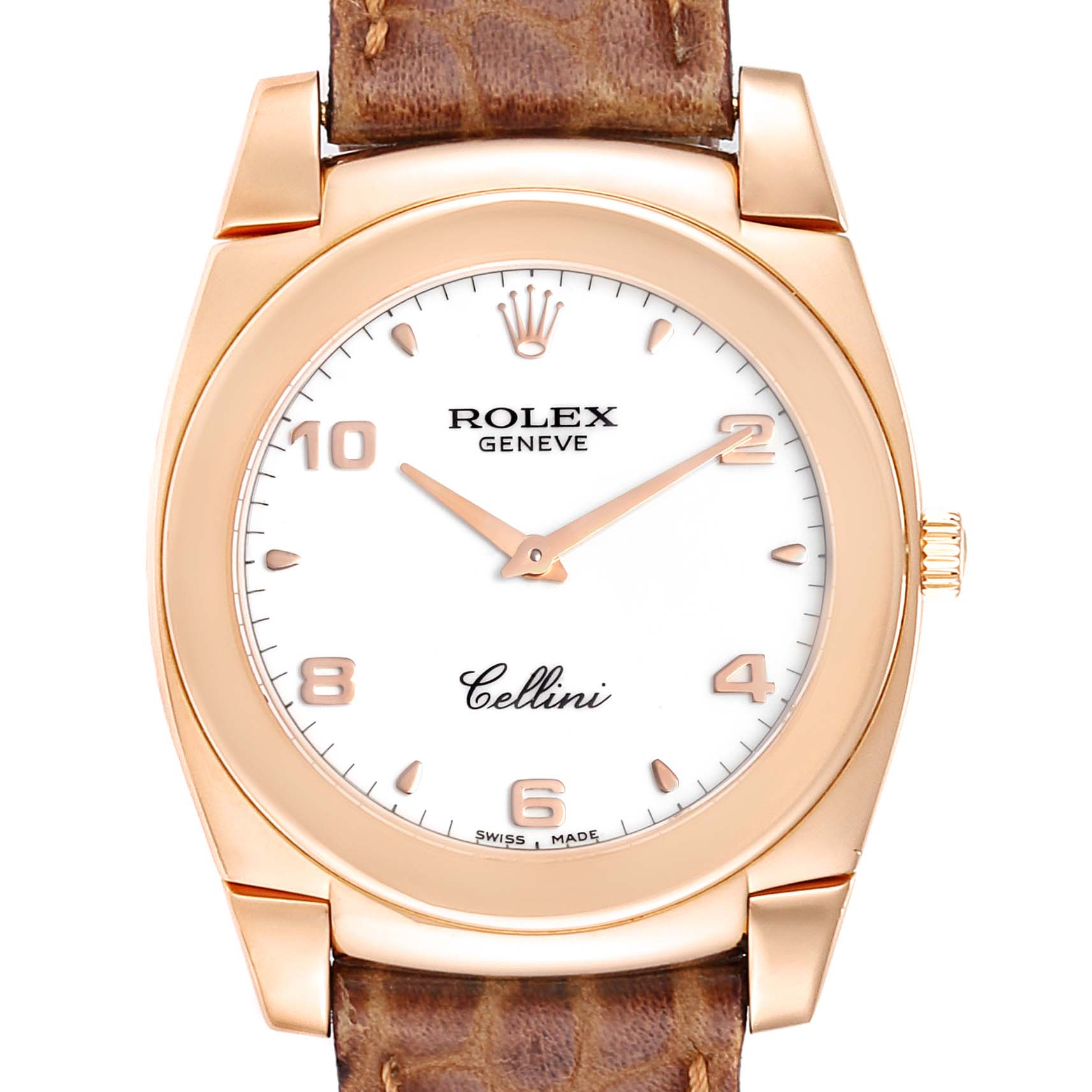 The image shows a front view of a Rolex Cellini 5330 Men's Rose Gold White Dial 5330 Men's Rose Gold White Dial watch, displaying the dial, rose gold case, and part of the leather strap.