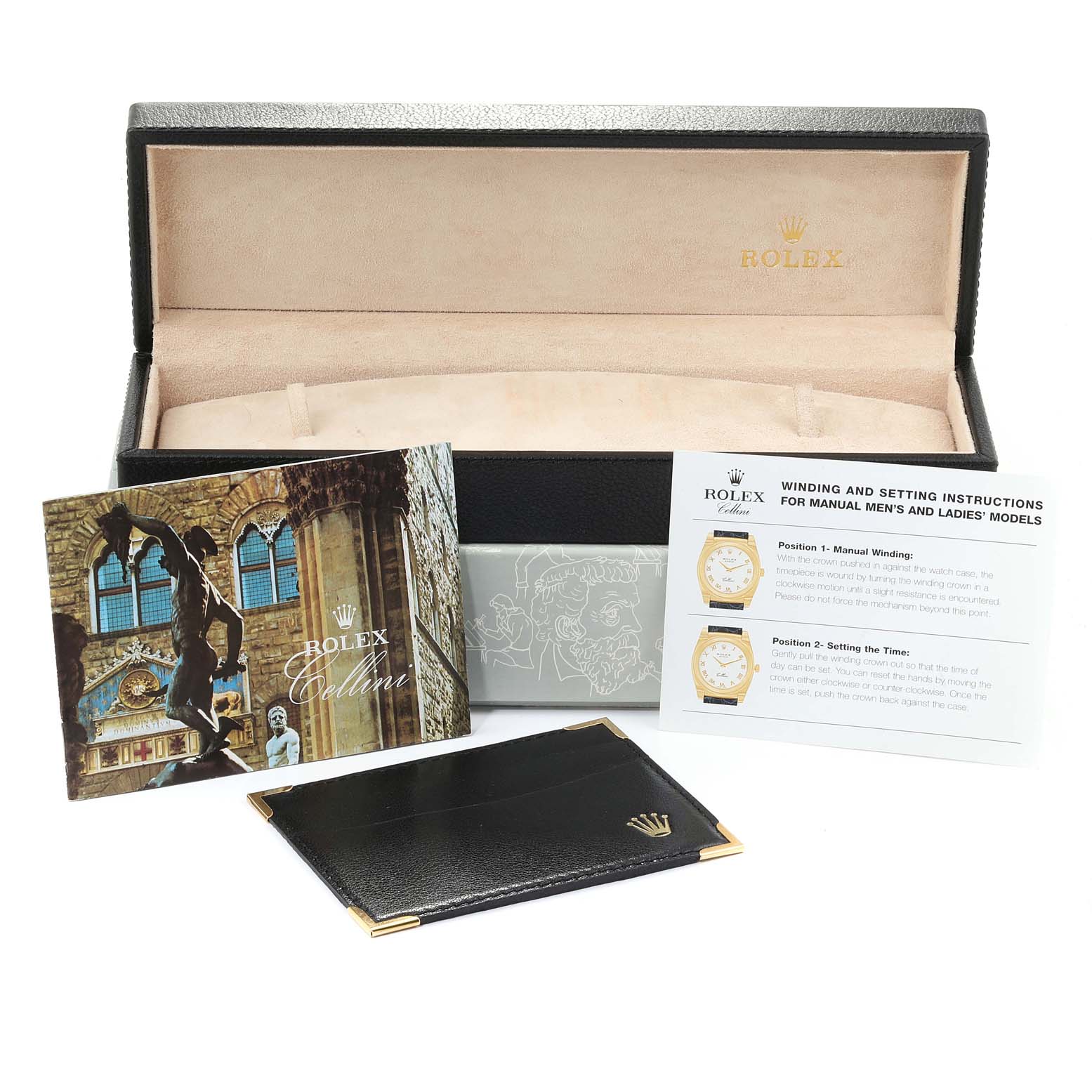 The image shows a Rolex Cellini 5330 Men's Rose Gold White Dial 5330 Men's Rose Gold White Dial watch box, a booklet, instruction manual, and a leather cardholder from a top-down angle.