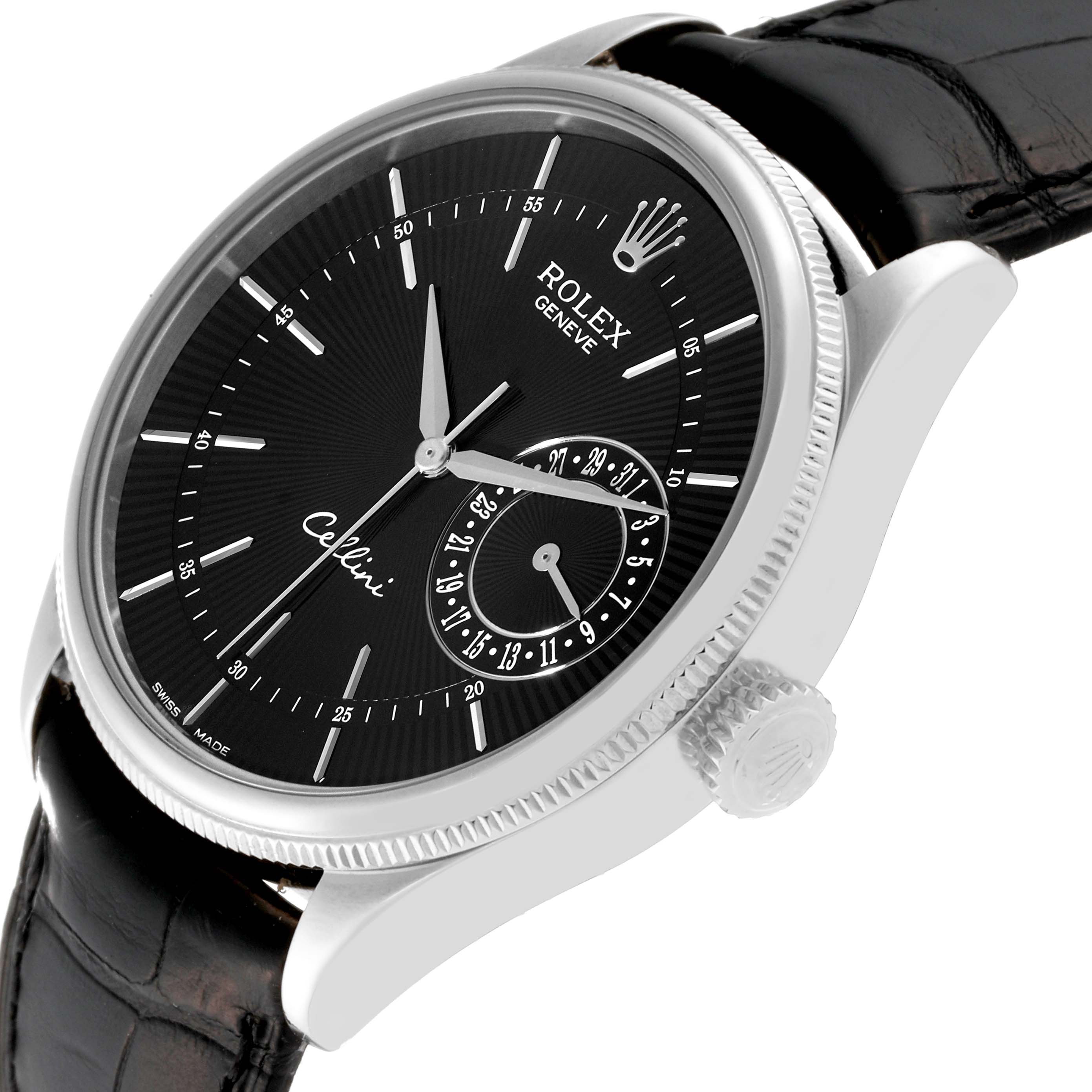 This image shows a side-angle view of a Rolex Cellini 50519 Men's White Gold Black Dial 50519 Men's White Gold Black Dial watch, highlighting its face, crown, and leather strap.