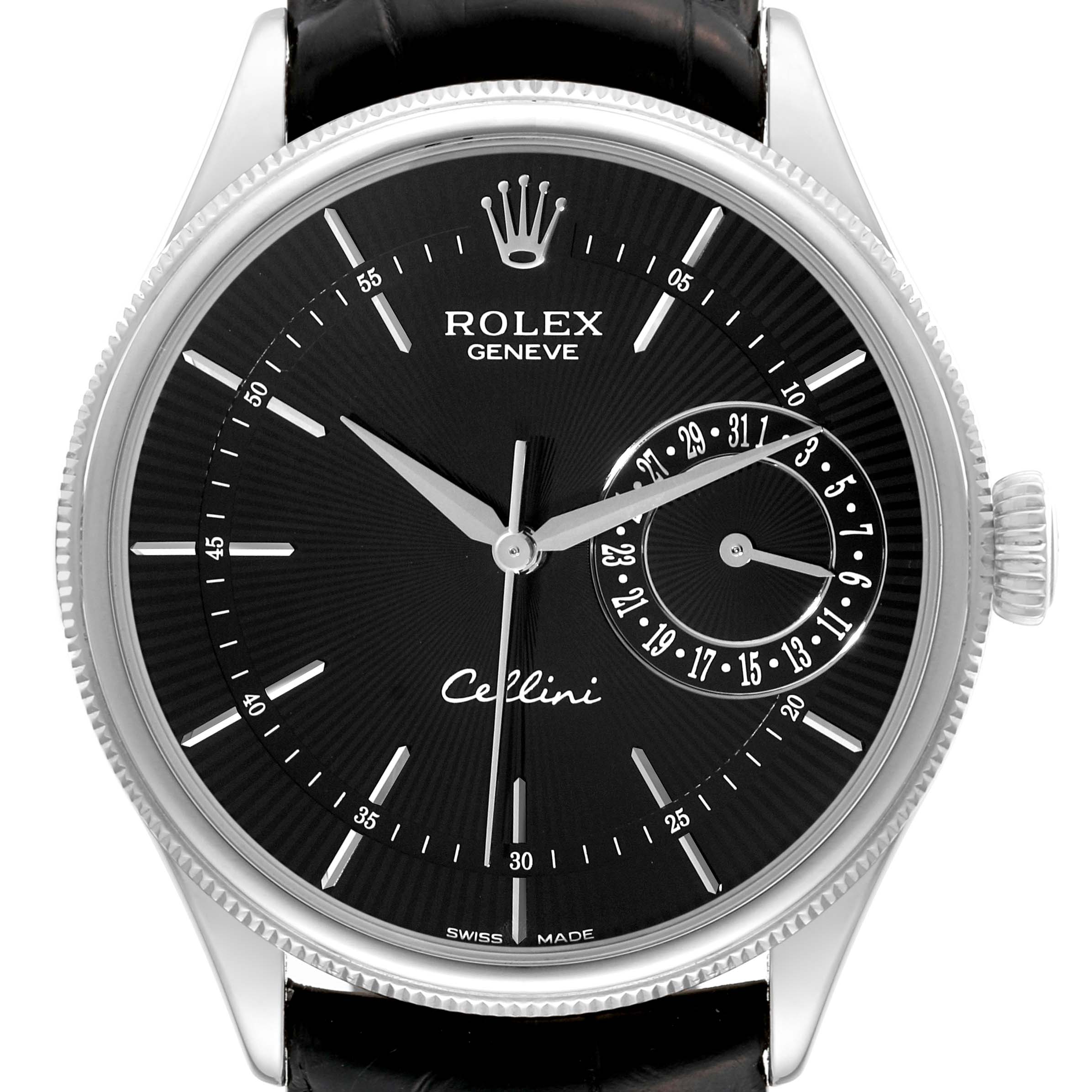 The image shows the face of a Rolex Cellini 50519 Men's White Gold Black Dial 50519 Men's White Gold Black Dial watch with a black dial, date subdial, and leather strap, viewed from the front.