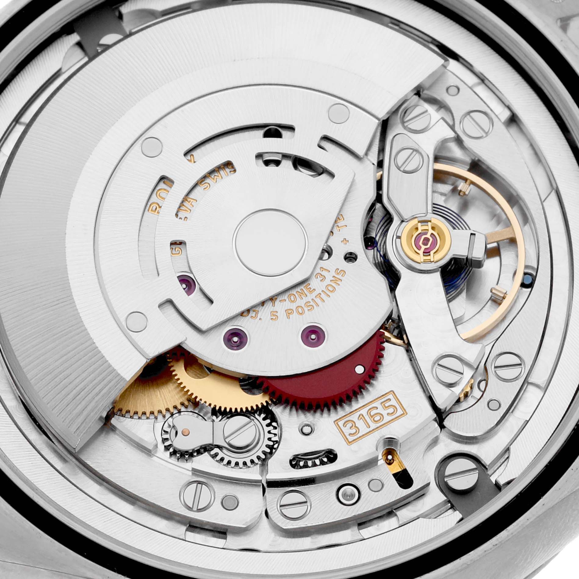 The image shows the movement mechanism of a Rolex Cellini 50519 Men's White Gold Black Dial 50519 Men's White Gold Black Dial model, specifically the intricate gears and components inside the watch.