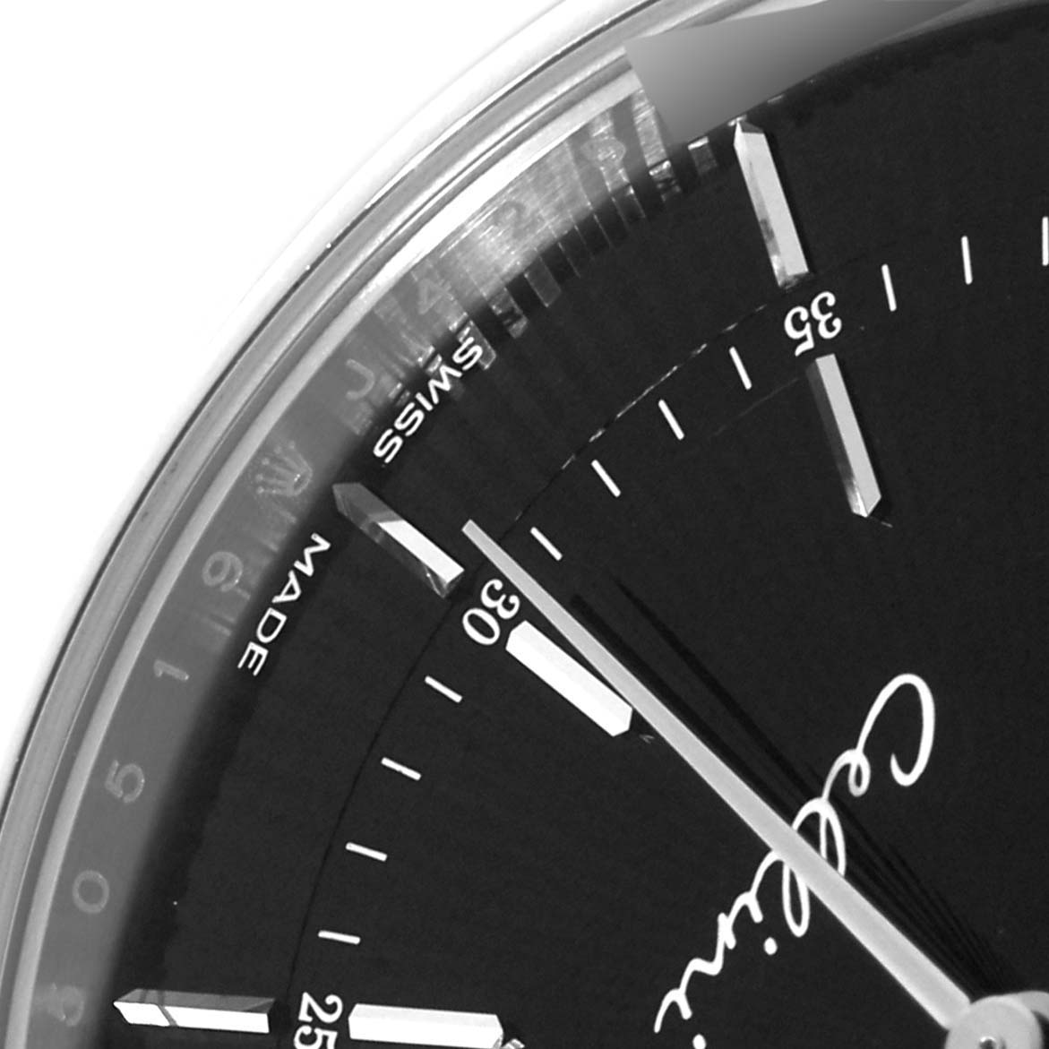 This close-up image shows the dial and part of the bezel of a Rolex Cellini 50519 Men's White Gold Black Dial 50519 Men's White Gold Black Dial watch, highlighting the minute markers and "Cellini" text.