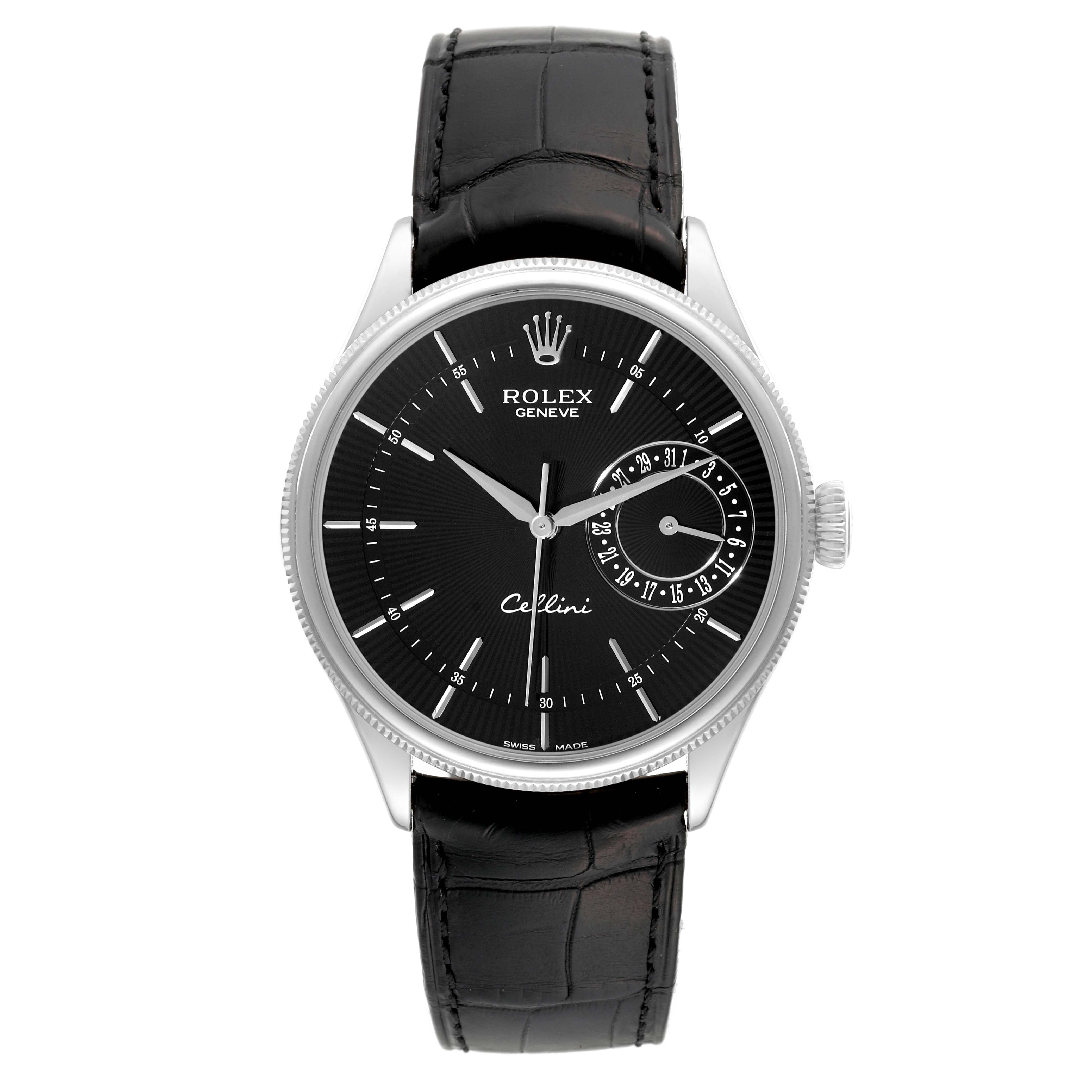 The image shows a front view of a Rolex Cellini 50519 Men's White Gold Black Dial 50519 Men's White Gold Black Dial watch with a black leather strap and a black dial.