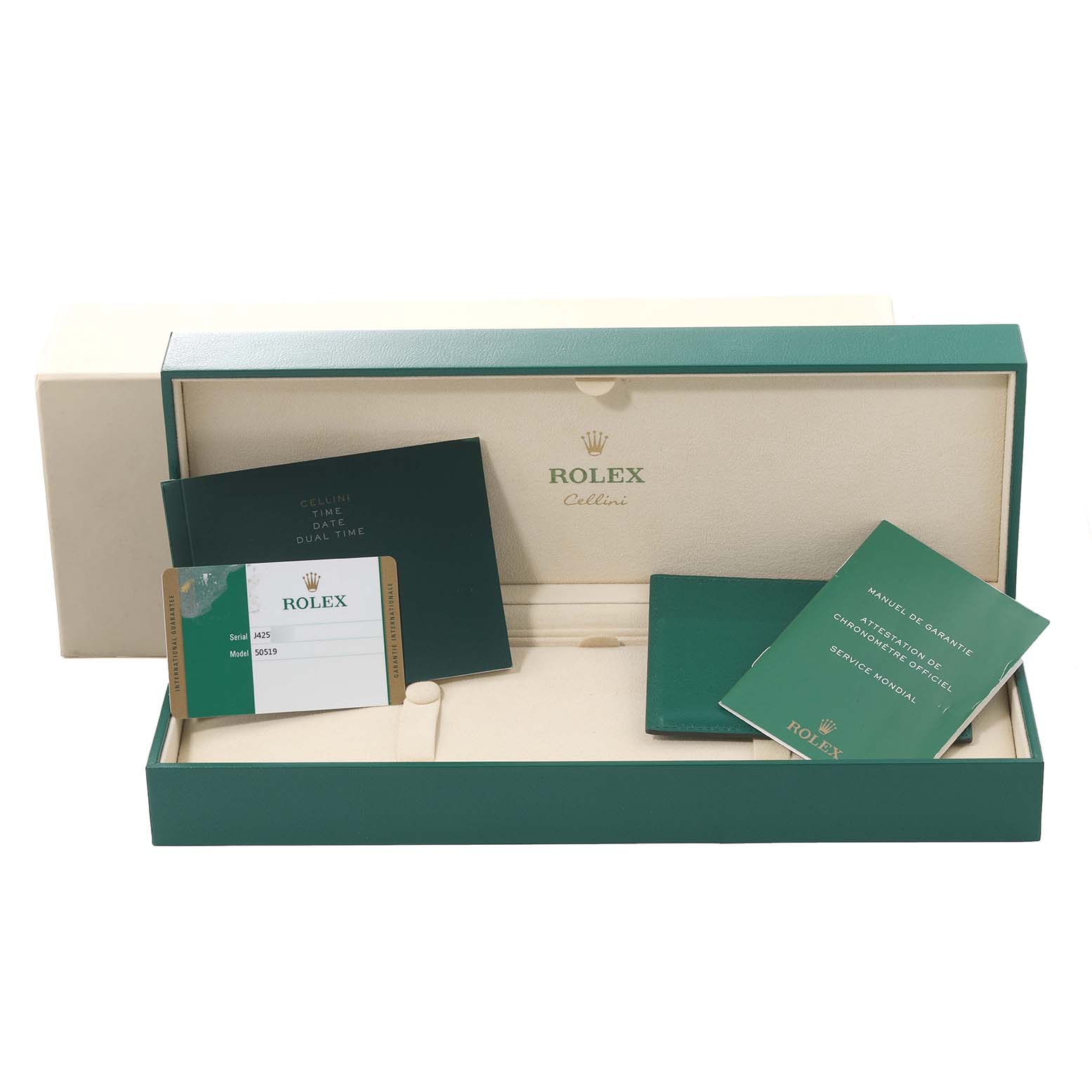 The image shows the packaging, warranty card, and booklets of the Rolex Cellini 50519 Men's White Gold Black Dial 50519 Men's White Gold Black Dial model watch.