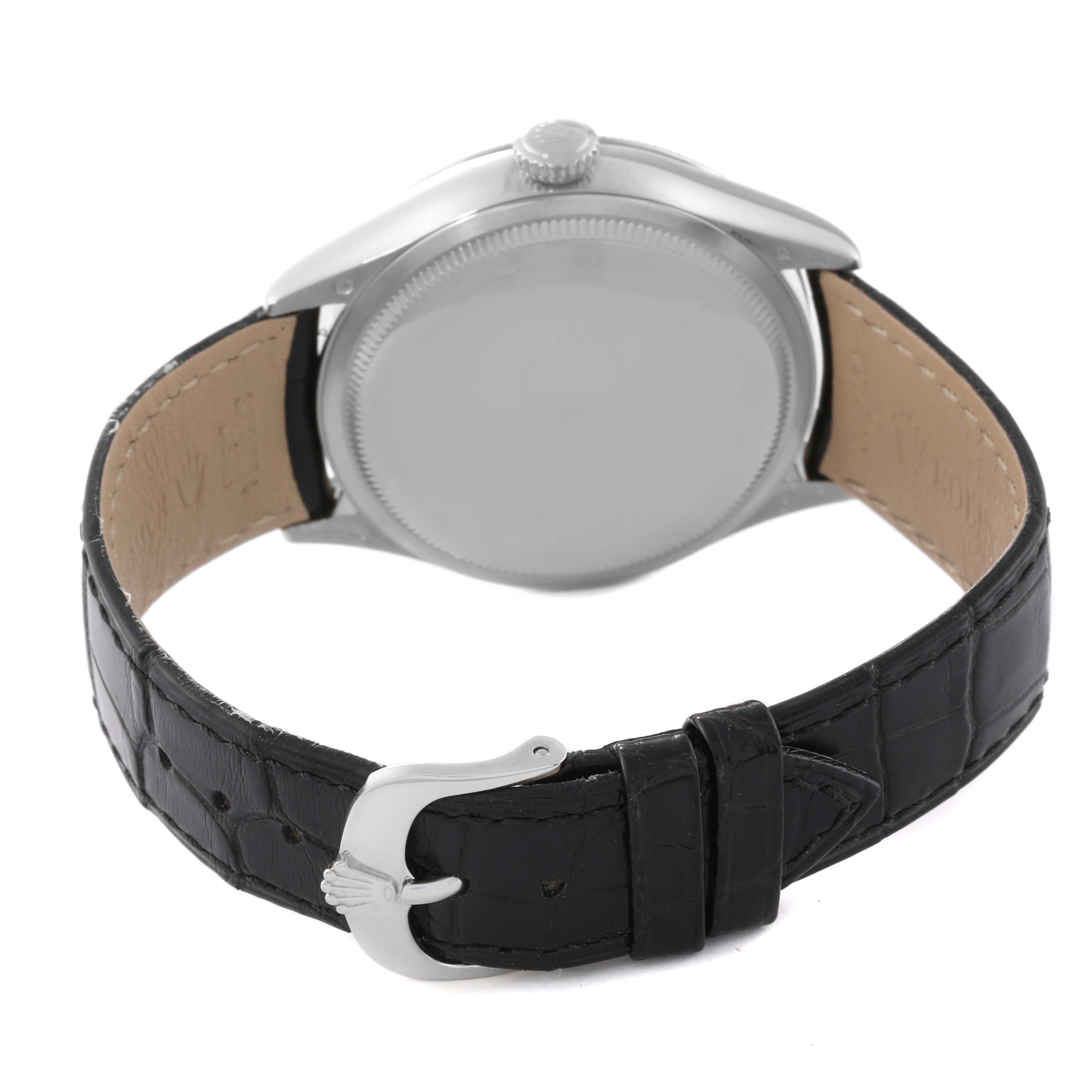 This image shows the back view of a Rolex Cellini 50519 Men's White Gold Black Dial 50519 Men's White Gold Black Dial watch, displaying the case back and the black leather strap.