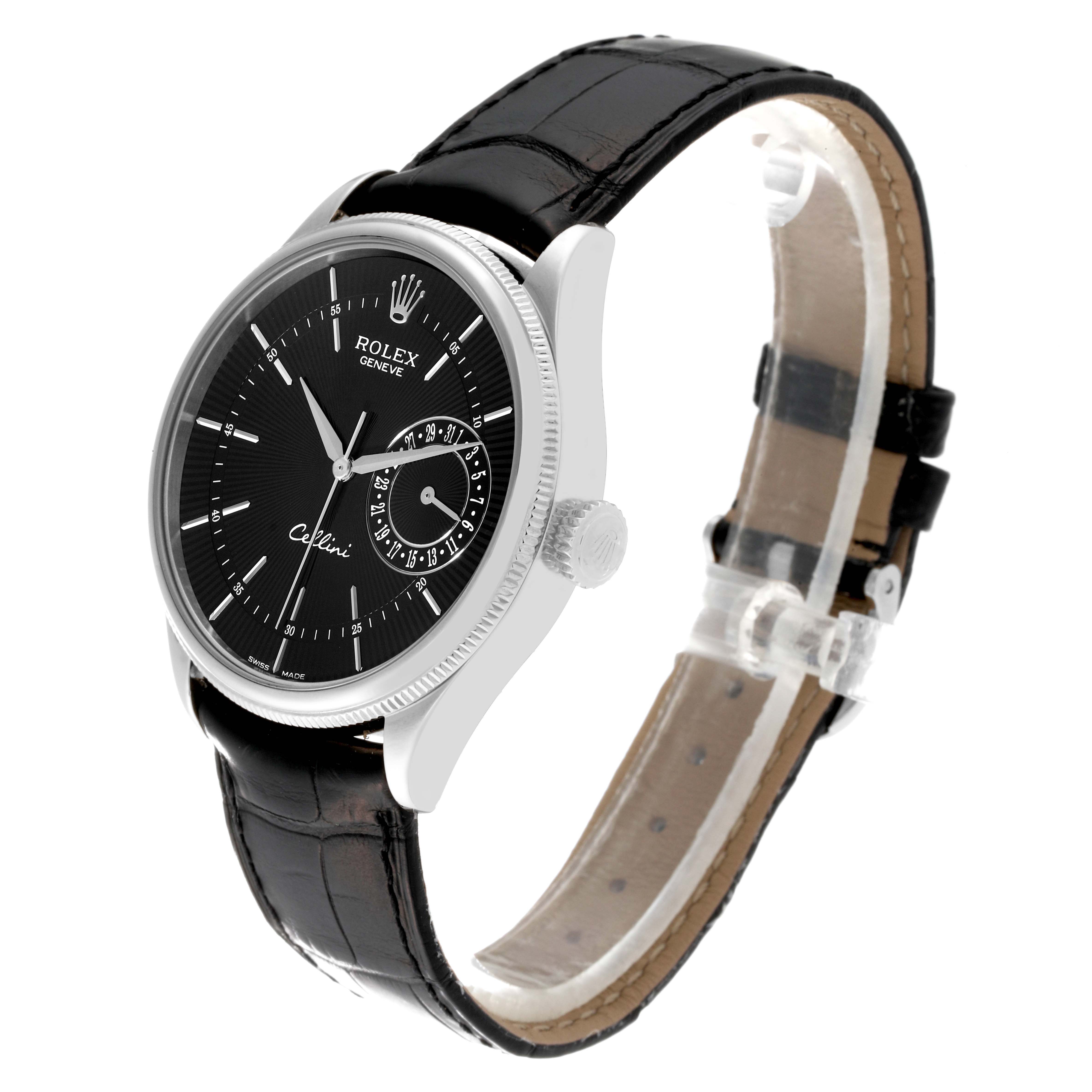 The Rolex Cellini 50519 Men's White Gold Black Dial 50519 Men's White Gold Black Dial watch is shown at a side angle, highlighting its black dial, bezel, crown, and leather strap.