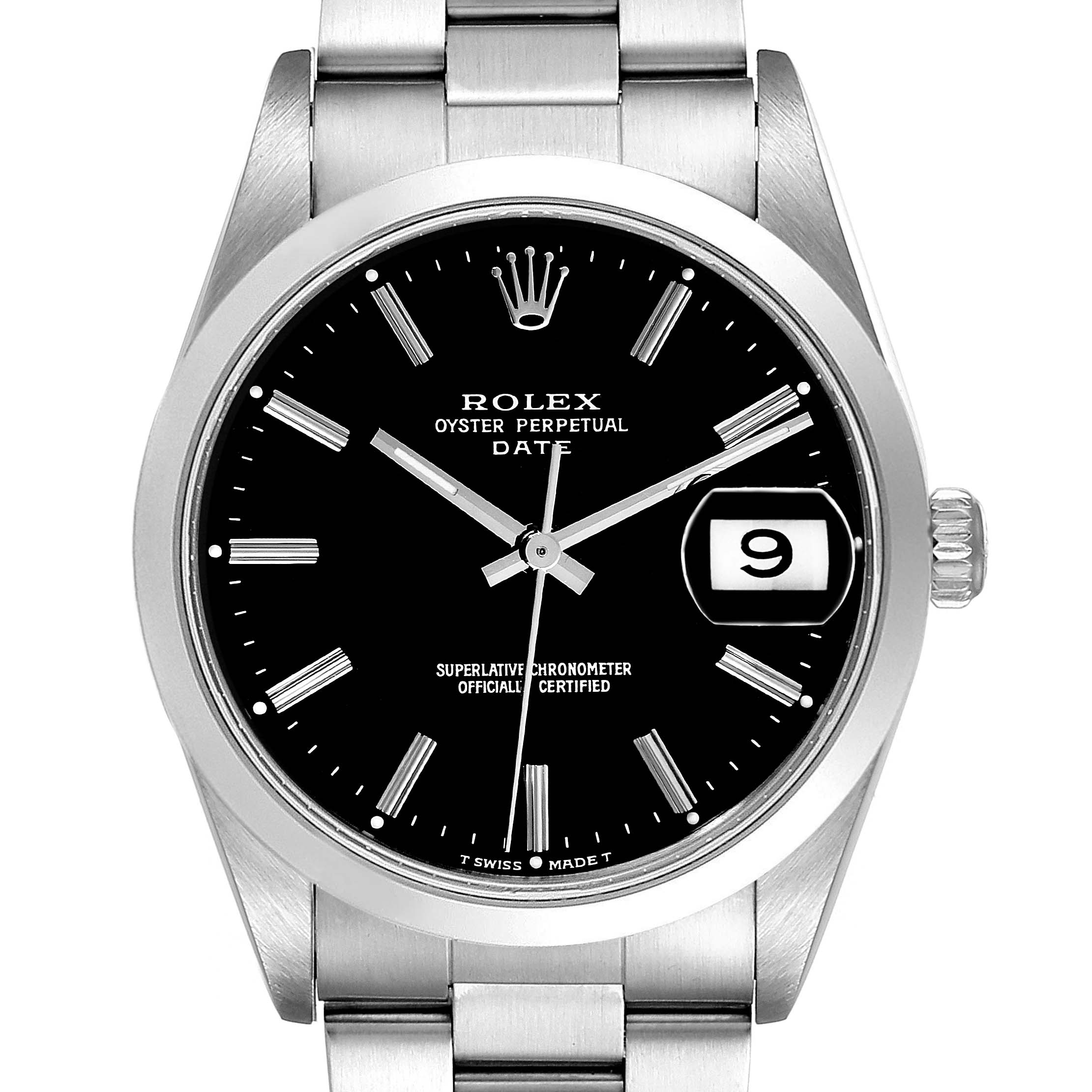 This image shows a Rolex Date 15200 Men's Stainless Steel Black Dial 15200 Men's Stainless Steel Black Dial model watch from a front view, featuring its dial, hands, date window, and bracelet.
