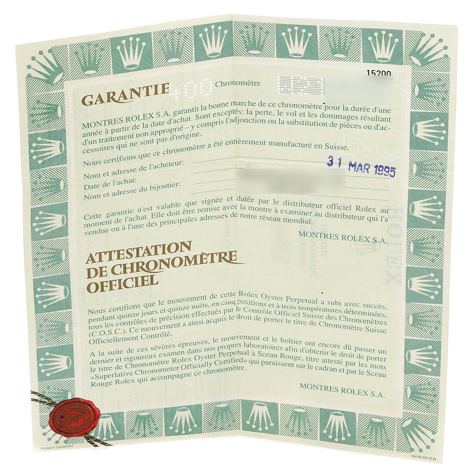 This image shows the warranty certificate for the Rolex Date 15200 Men's Stainless Steel Black Dial 15200 Men's Stainless Steel Black Dial model, featuring the official chronometer certification.