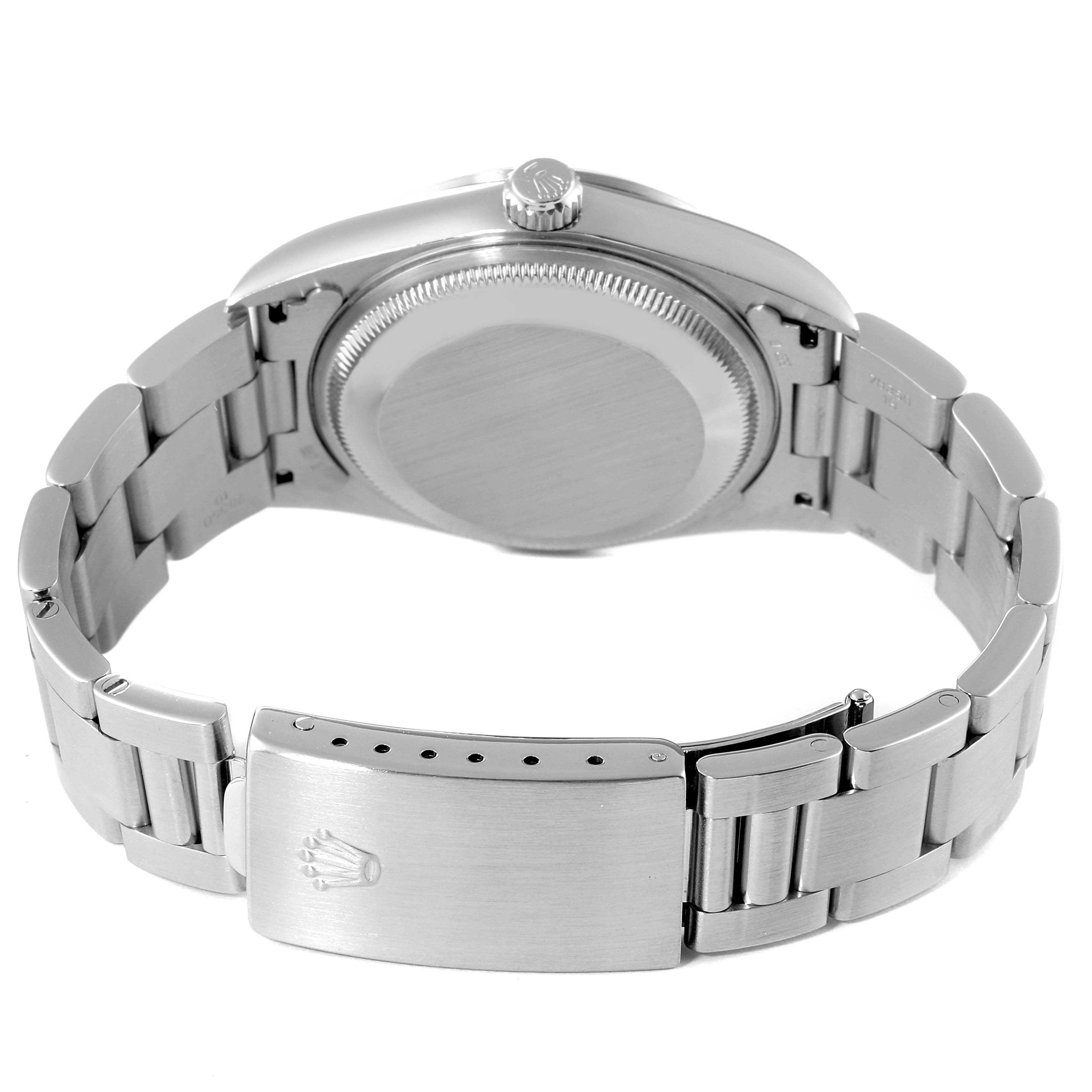 The image shows the back of the Rolex Date 15200 Men's Stainless Steel Black Dial 15200 Men's Stainless Steel Black Dial model watch, highlighting the clasp, case back, and part of the bracelet.