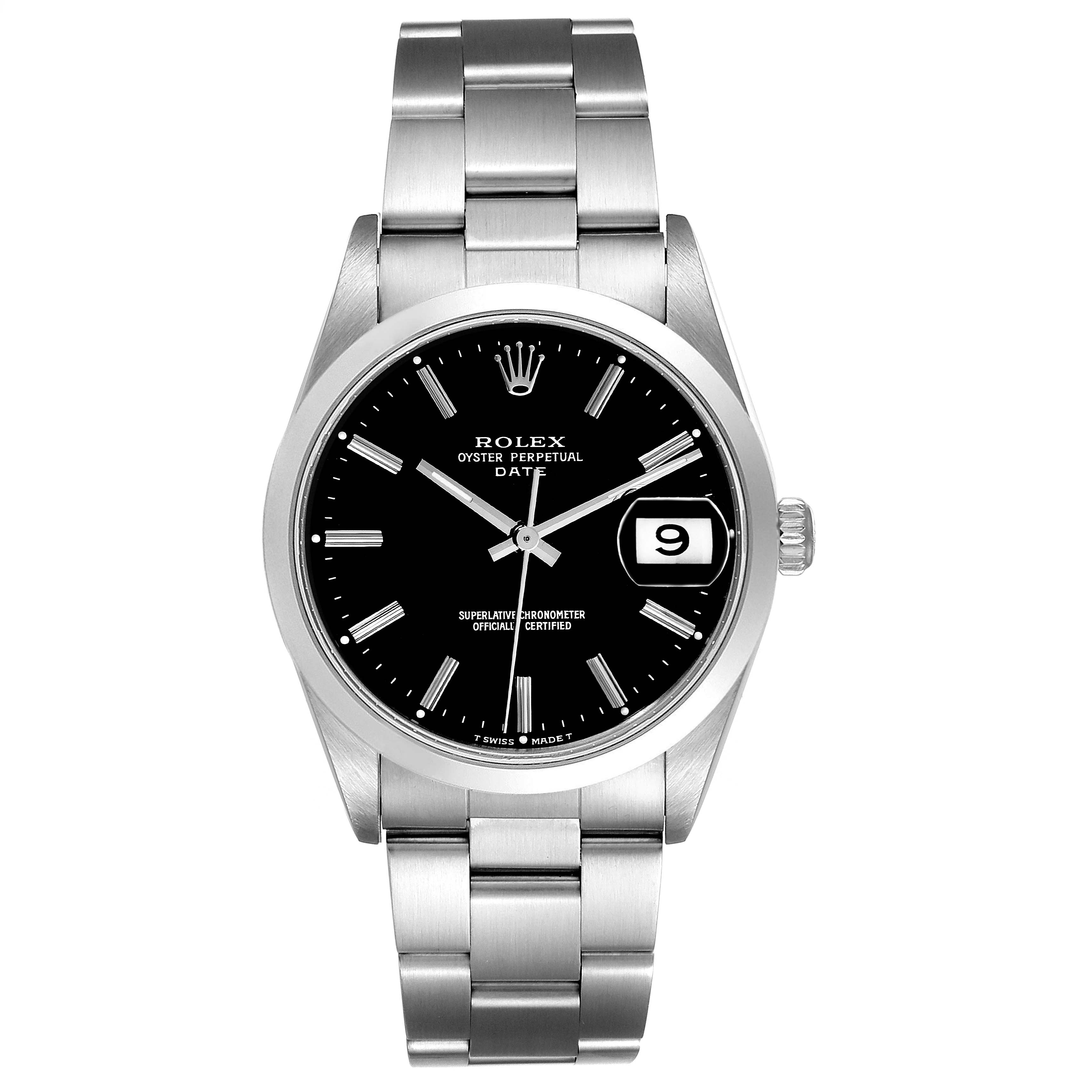 The image shows a front view of the Rolex Oyster Perpetual Date model watch, including the dial, hands, case, bezel, and bracelet.