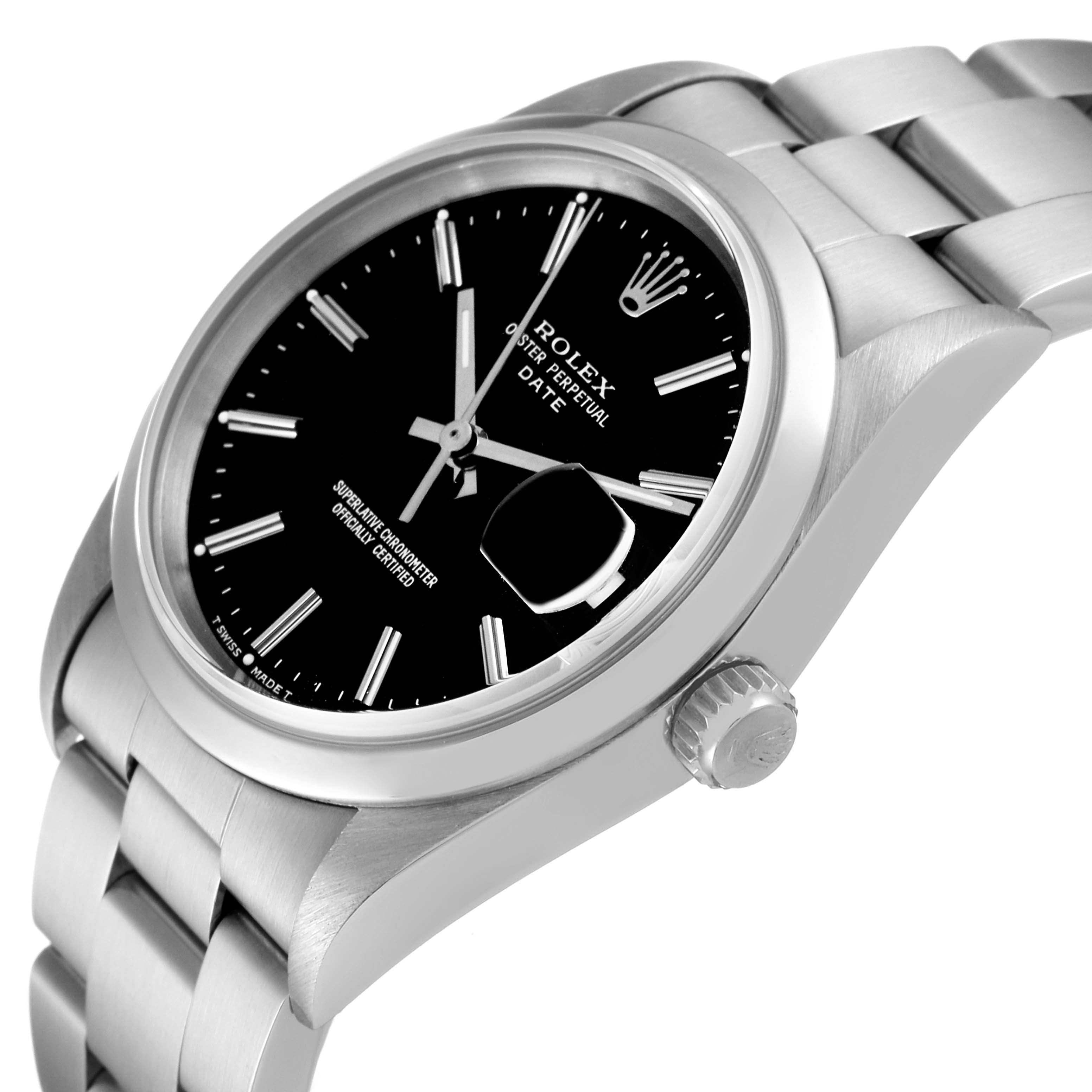 This image shows a Rolex Date 15200 Men's Stainless Steel Black Dial 15200 Men's Stainless Steel Black Dial watch at an angled side view, featuring the crown, bracelet, and black dial with date window.