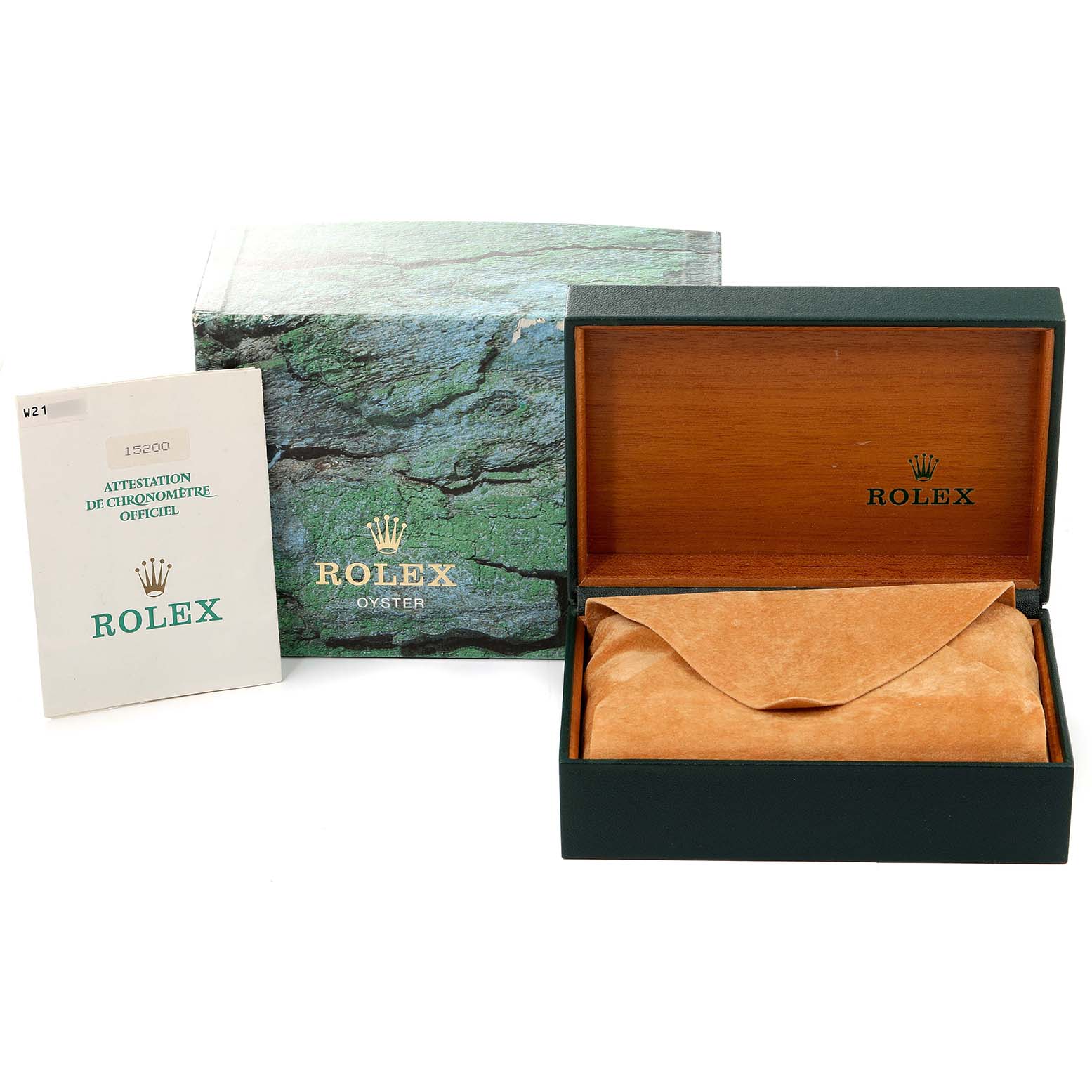 The image shows the packaging, official papers, and presentation box for a Rolex Date 15200 Men's Stainless Steel Black Dial 15200 Men's Stainless Steel Black Dial model watch, with the outer and inner boxes visible.