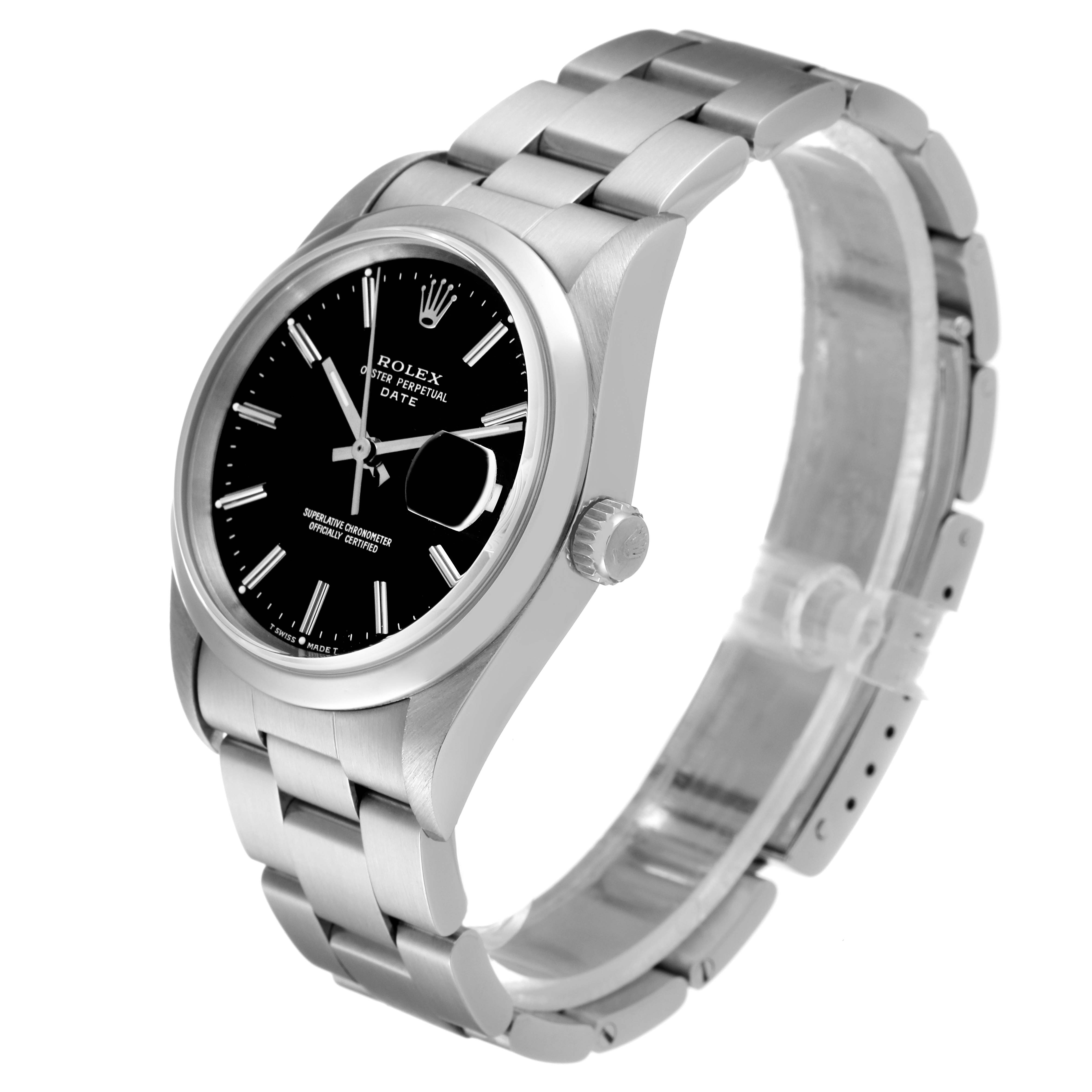 This image shows a Rolex Date 15200 Men's Stainless Steel Black Dial 15200 Men's Stainless Steel Black Dial model watch from a side angle, highlighting the dial, bezel, crown, and bracelet.