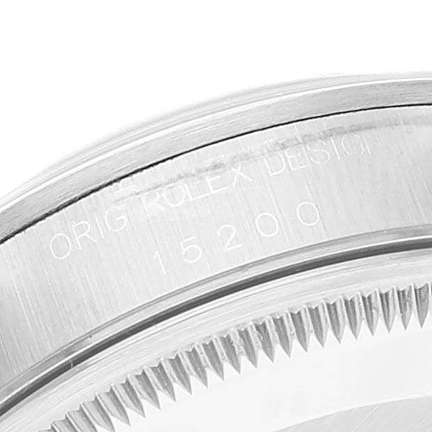 This close-up image shows the model number engraved on the outer case of a Rolex Date 15200 Men's Stainless Steel Black Dial 15200 Men's Stainless Steel Black Dial model watch.