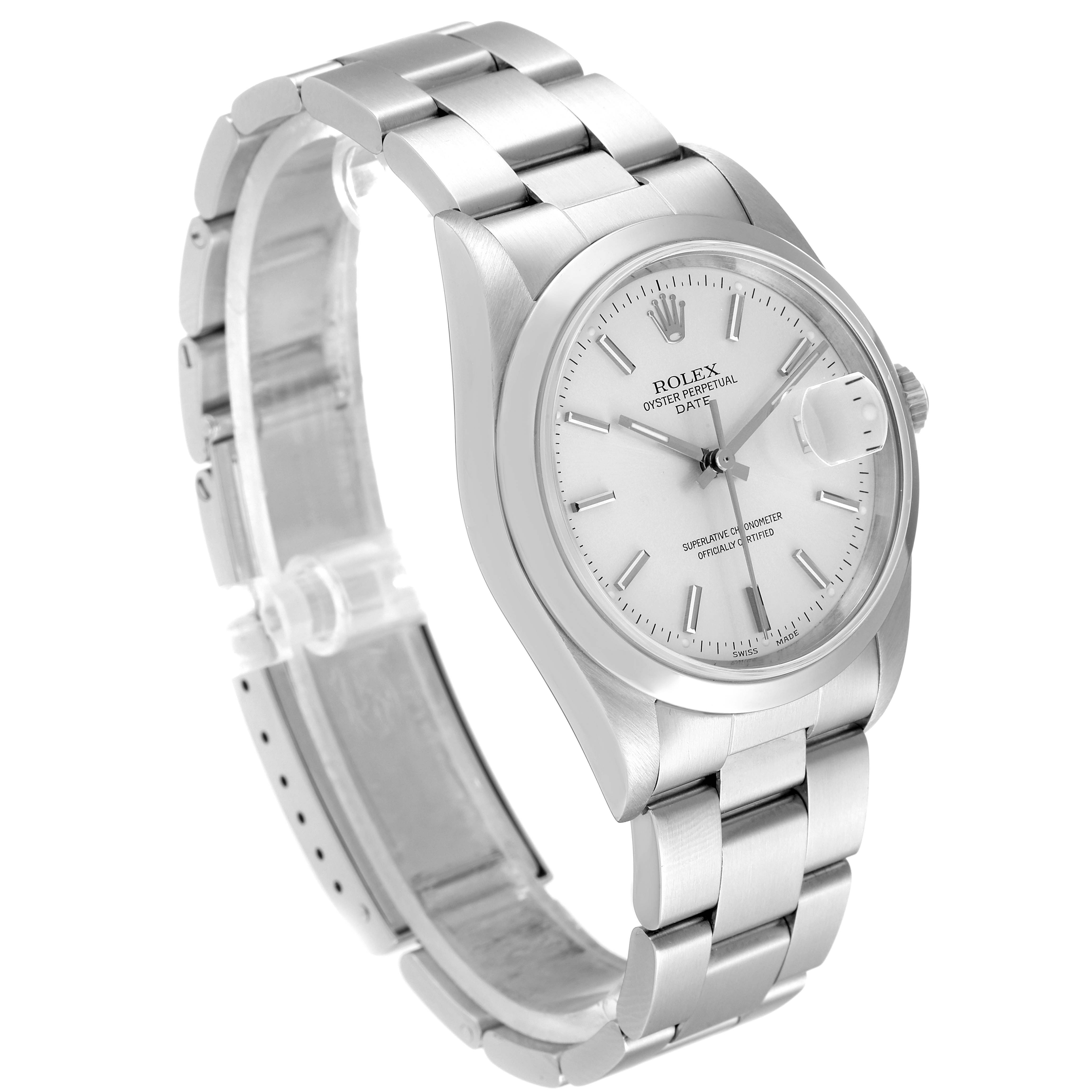 The image shows the Rolex Date 15200 Men's Stainless Steel Silver Dial 15200 Men's Stainless Steel Silver Dial model from an angled side view, highlighting the watch face, bracelet, and crown.