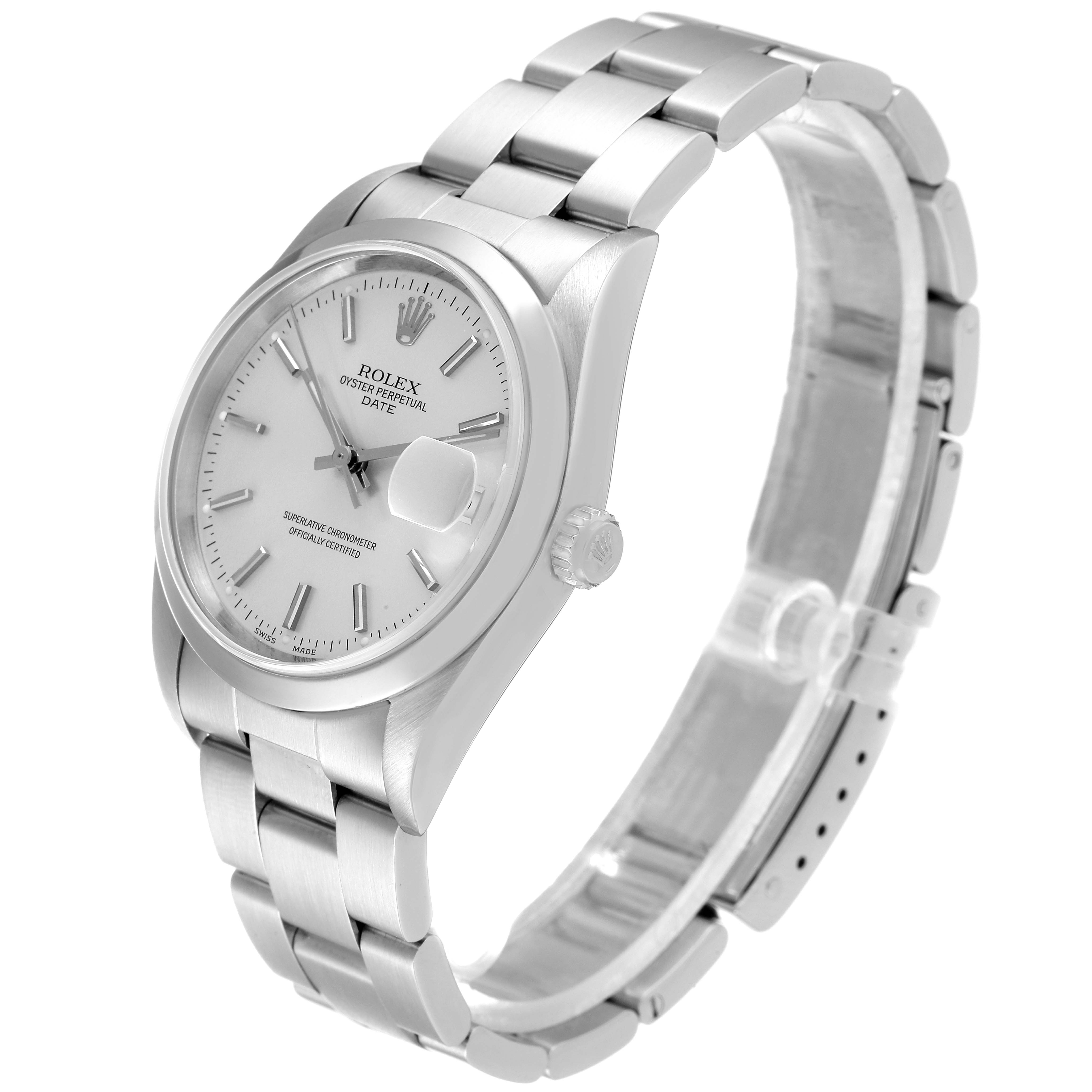 The image shows a Rolex Date 15200 Men's Stainless Steel Silver Dial 15200 Men's Stainless Steel Silver Dial model watch angled from the front left, highlighting its face, bracelet, and crown.