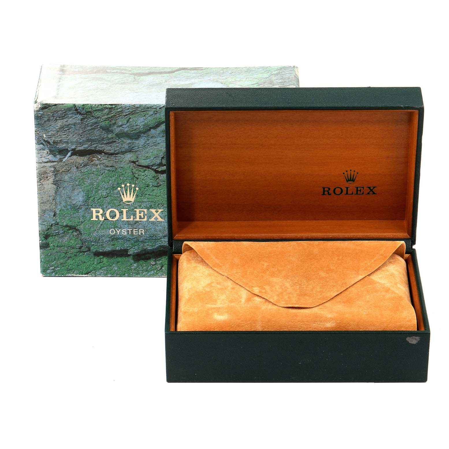 The image shows the packaging for a Rolex Date 15200 Men's Stainless Steel Silver Dial 15200 Men's Stainless Steel Silver Dial model watch, including a box and a pouch inside.