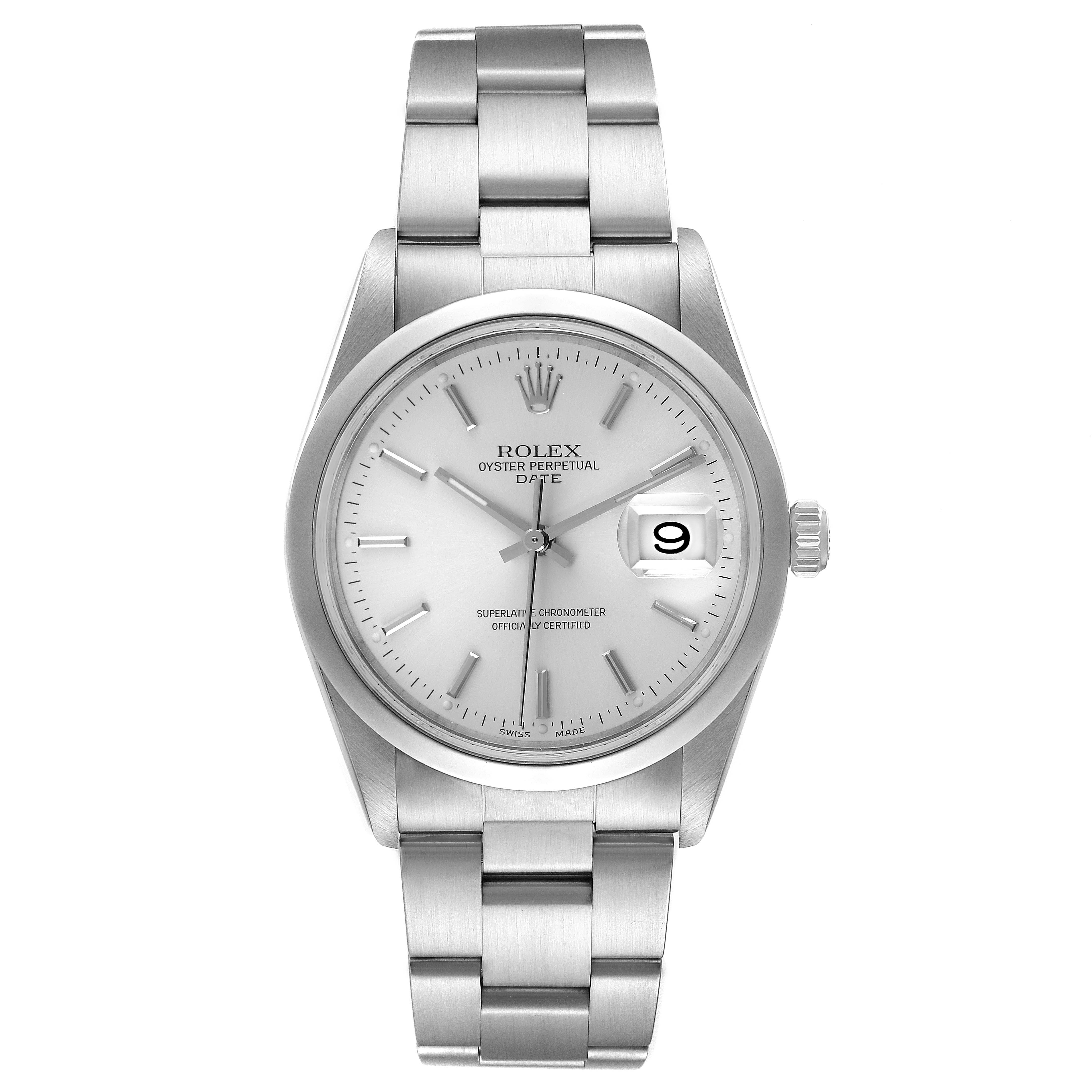 This image shows a front view of a Rolex Oyster Perpetual Date watch, highlighting the dial, bezel, case, bracelet, and date window.