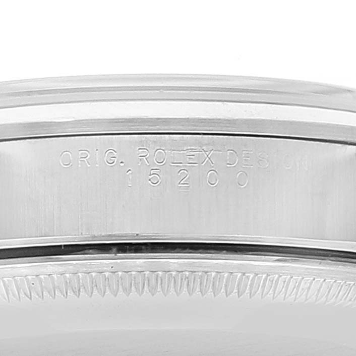 The image shows a close-up of the side of the case of a Rolex Date 15200 Men's Stainless Steel Silver Dial 15200 Men's Stainless Steel Silver Dial model, displaying the model number 15200.