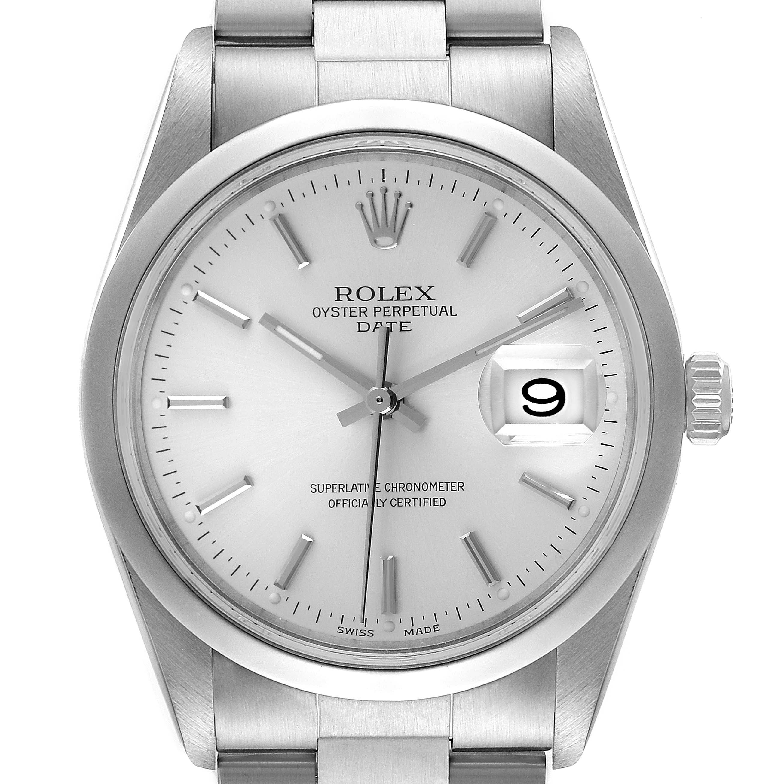 The image showcases a front view of the Rolex Date 15200 Men's Stainless Steel Silver Dial 15200 Men's Stainless Steel Silver Dial model, highlighting its dial, bezel, crown, and part of the bracelet.