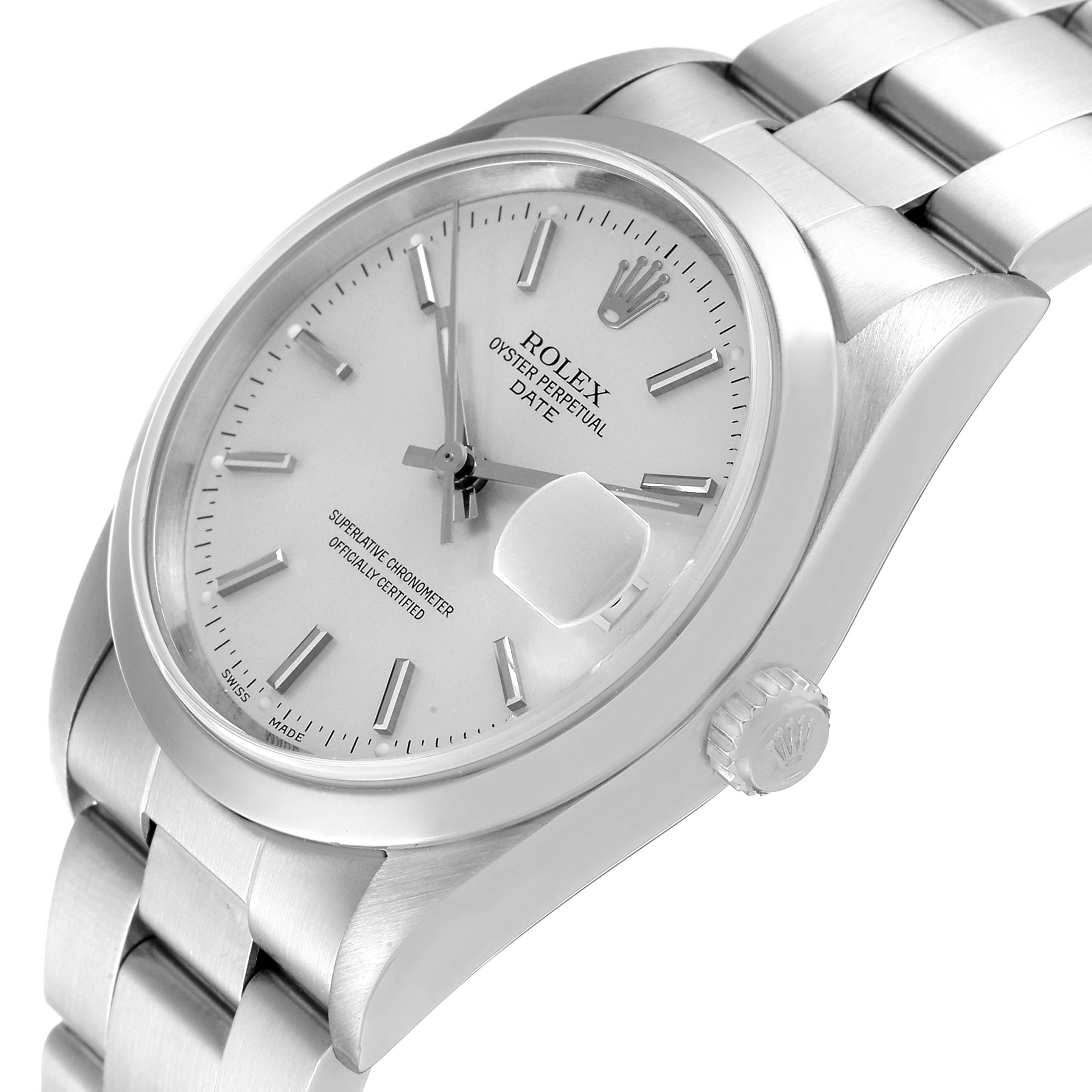 The image shows a Rolex Date 15200 Men's Stainless Steel Silver Dial 15200 Men's Stainless Steel Silver Dial model watch angled to display its face, side profile, and part of its bracelet.
