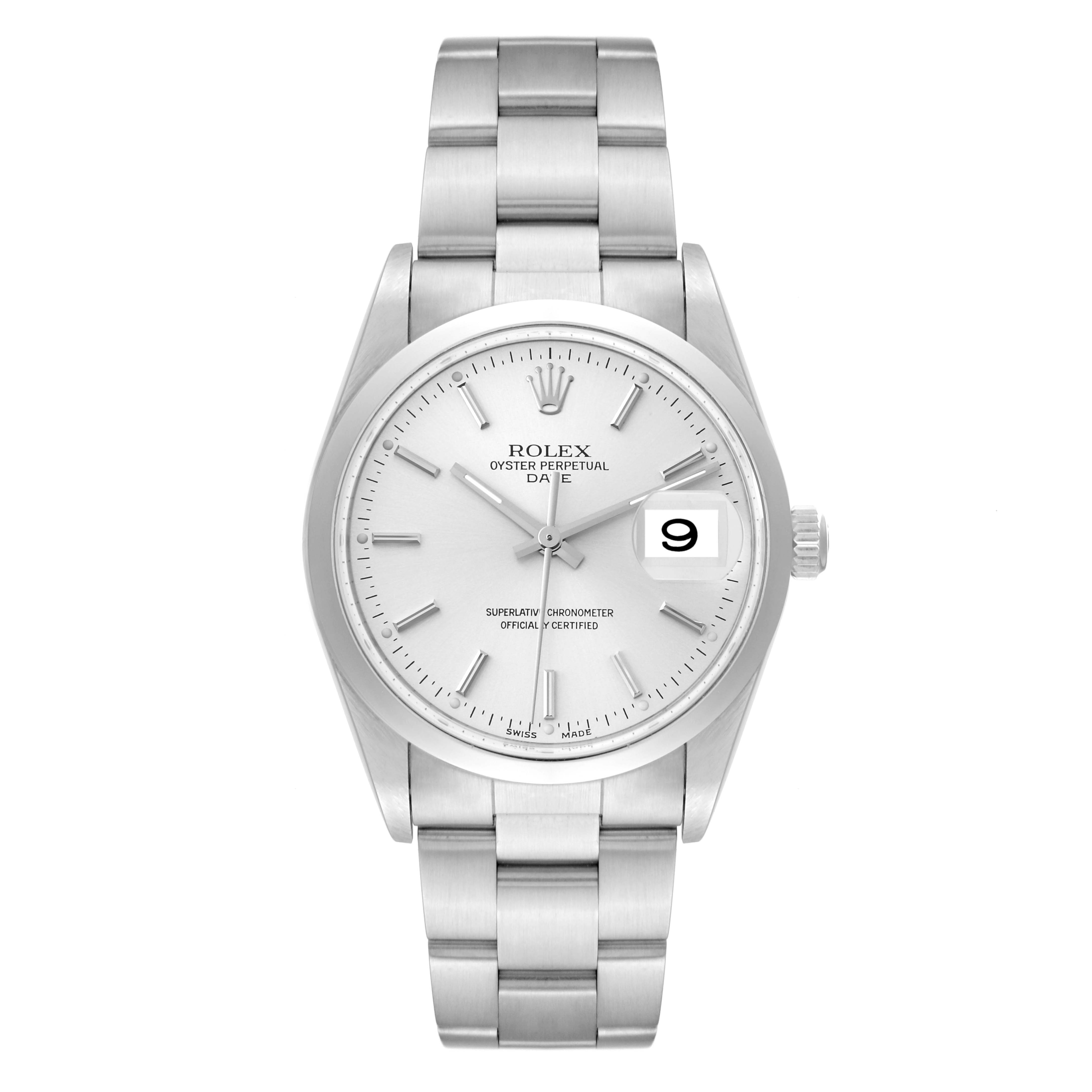 This Rolex Date 15200 Men
s Stainless Steel Silver Dial 15200 Men
s Stainless Steel Silver Dial model watch is shown from a front angle, displaying its face, bezel, and bracelet.