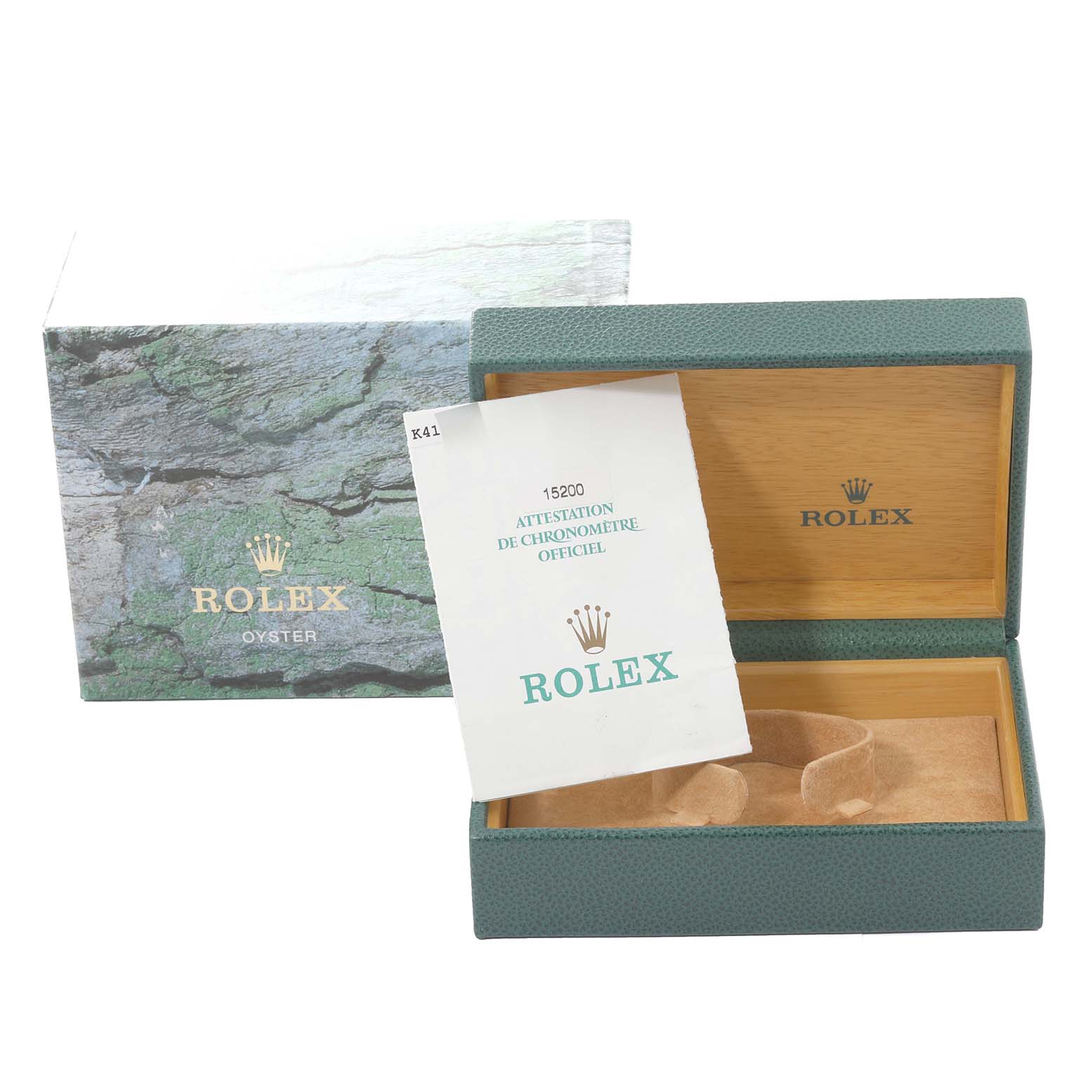 This image shows the box and certification papers for the Date model by Rolex.