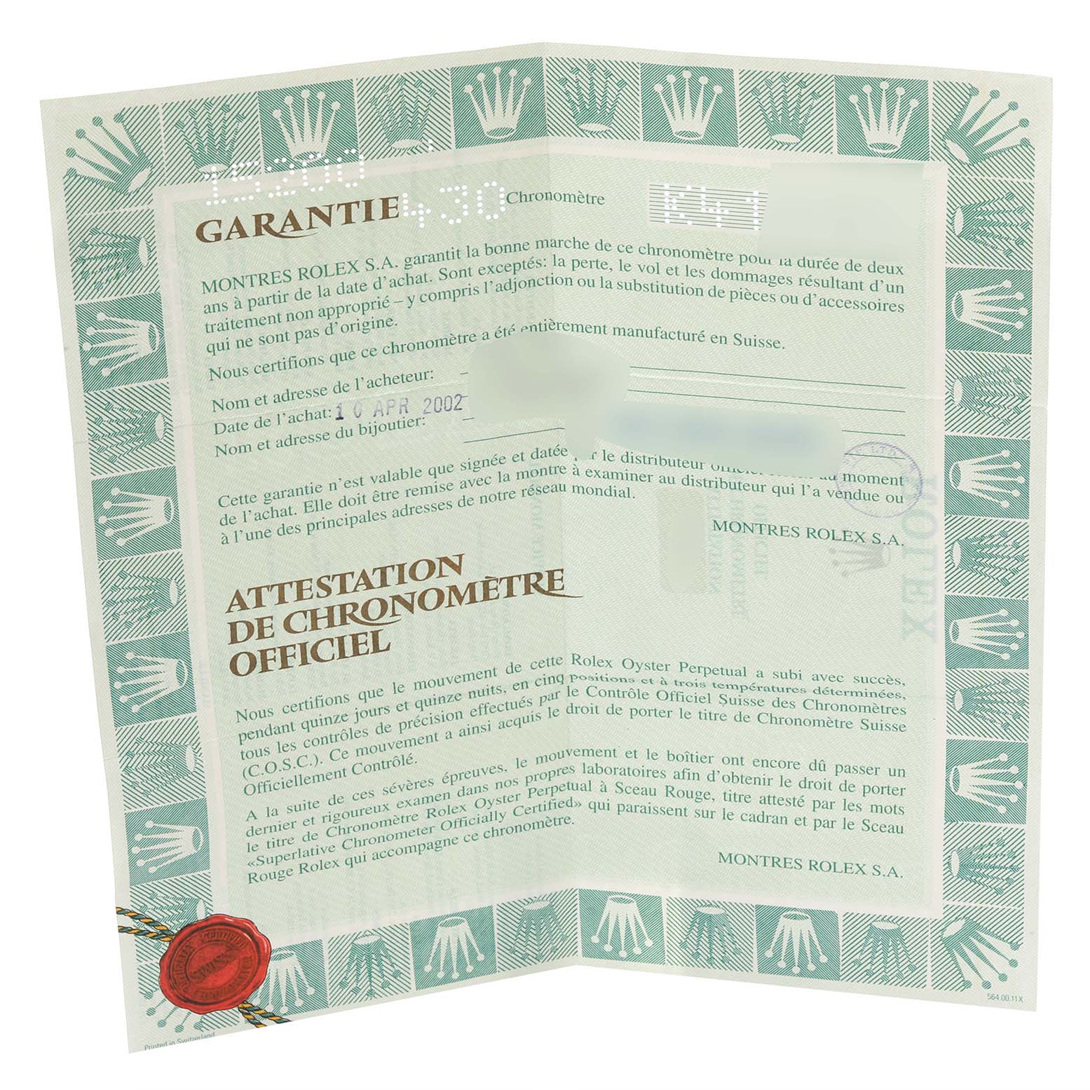 The image shows the opened warranty certificate for a Rolex Date 15200 Men
s Stainless Steel Silver Dial 15200 Men
s Stainless Steel Silver Dial model watch.