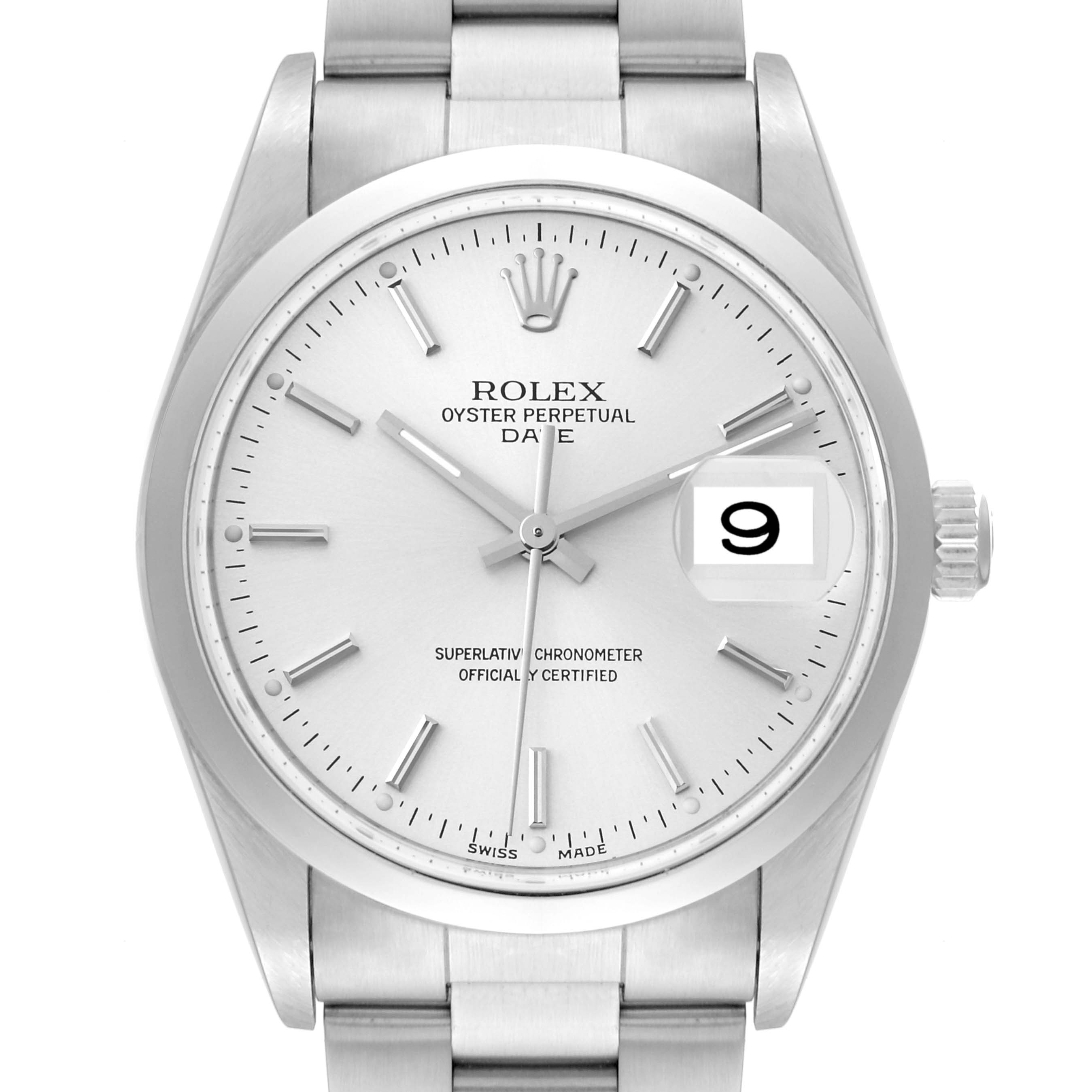 This image shows the front angle of a Rolex Date 15200 Men
s Stainless Steel Silver Dial 15200 Men
s Stainless Steel Silver Dial model watch, including the face, hands, date display, and part of the metal band.