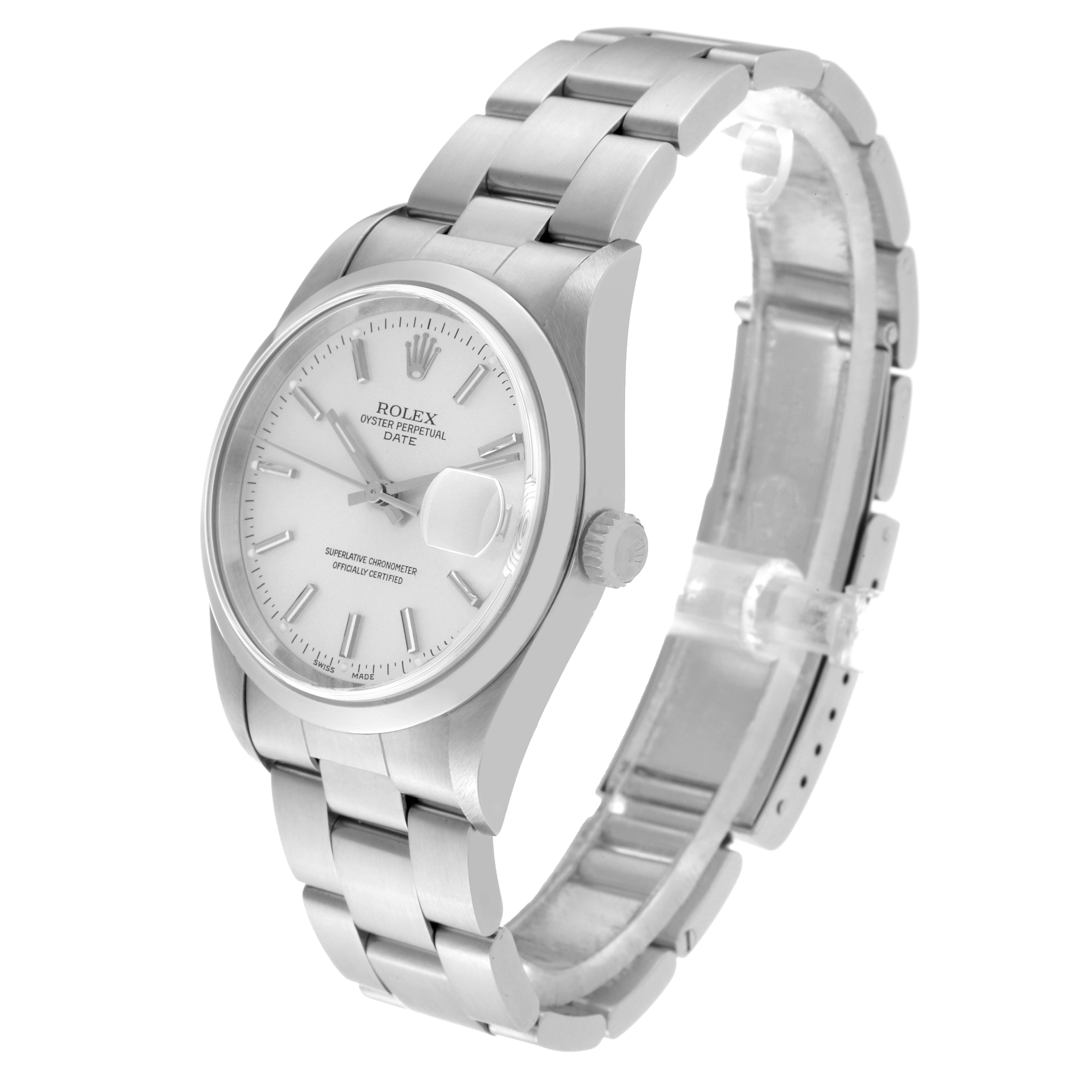 This image shows a side angle of the Rolex Date 15200 Men
s Stainless Steel Silver Dial 15200 Men
s Stainless Steel Silver Dial model, featuring its dial, crown, and stainless steel bracelet.