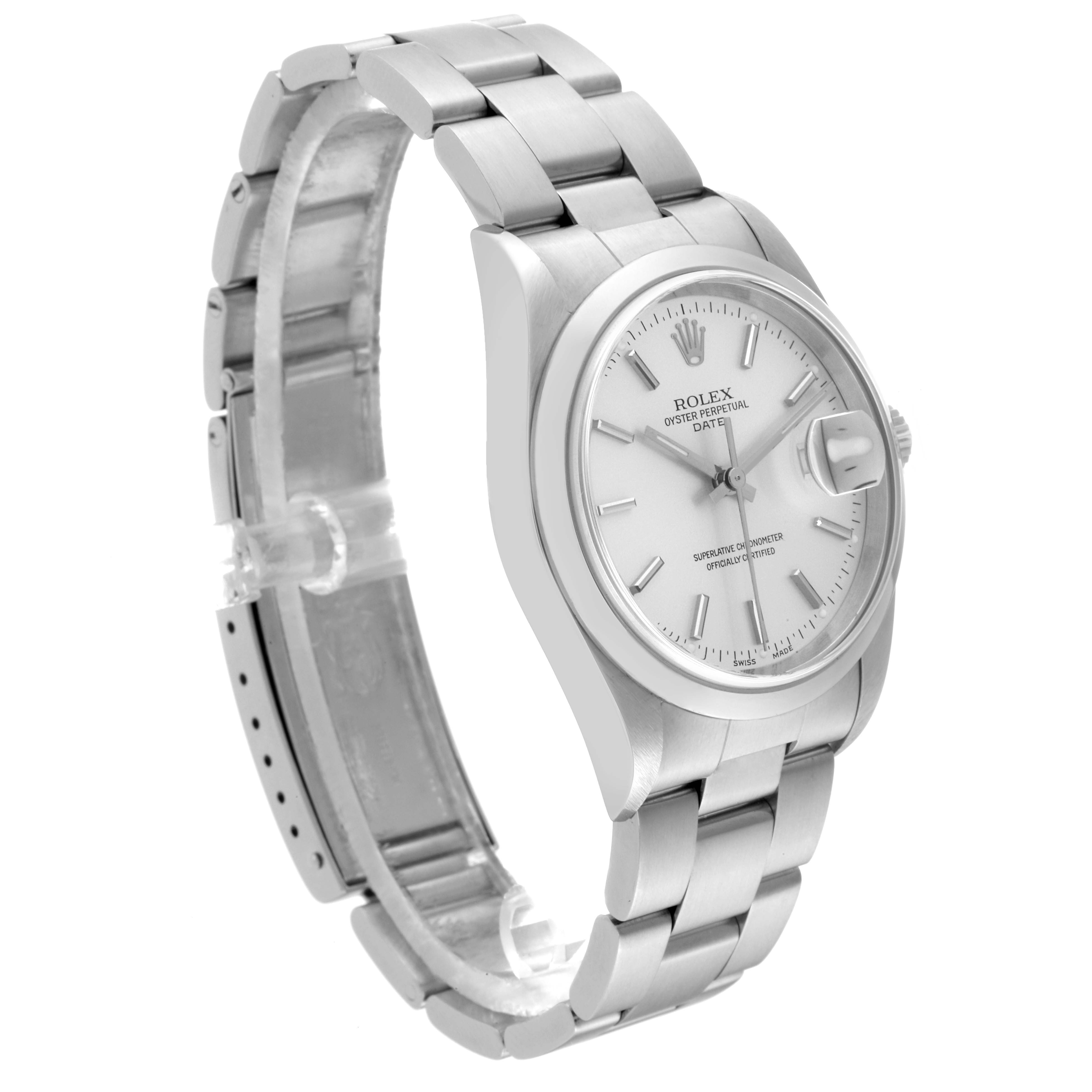 The image shows a side angle of the Rolex Date 15200 Men
s Stainless Steel Silver Dial 15200 Men
s Stainless Steel Silver Dial model watch, detailing the face and bracelet.