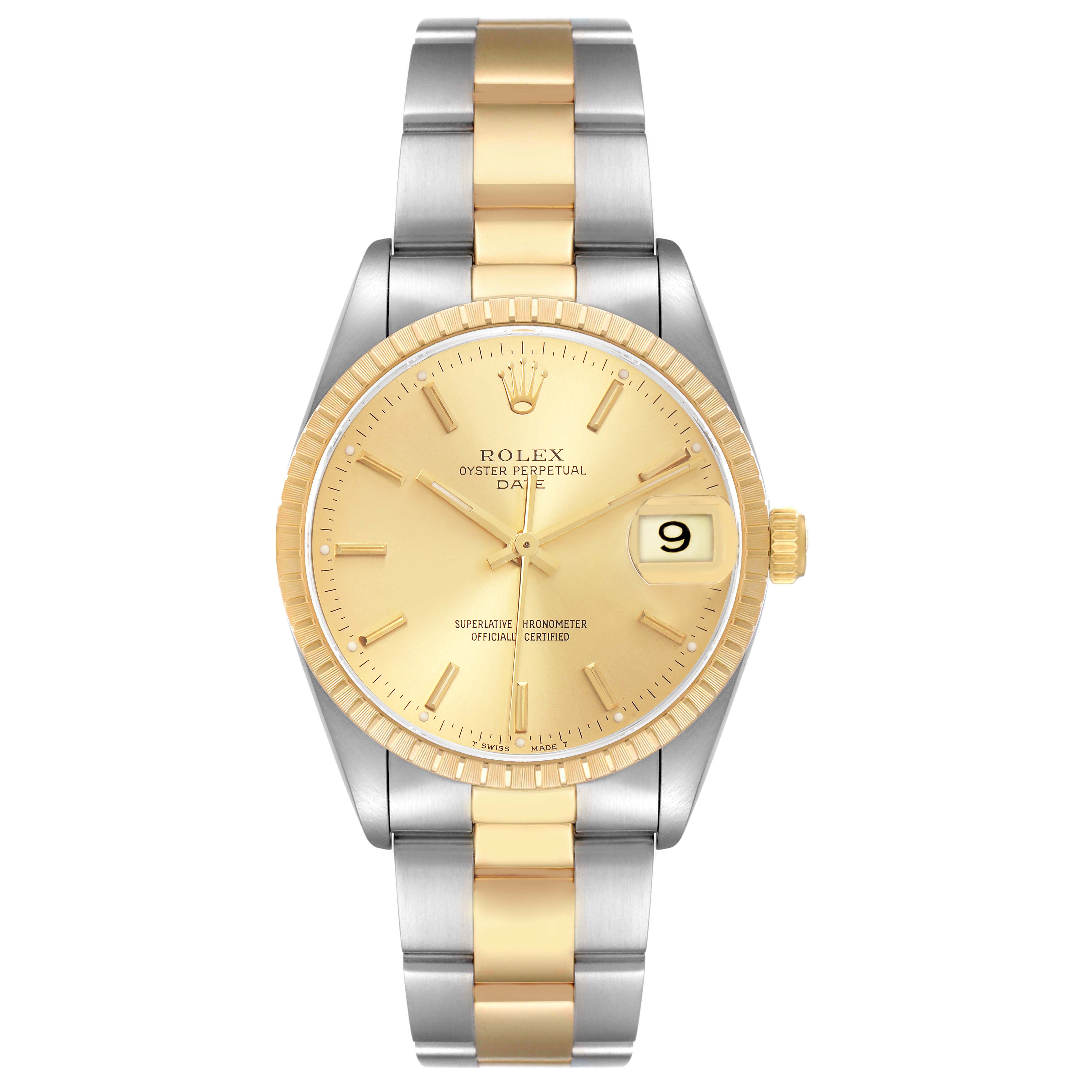 The Rolex Date 15223 Men
s Steel and Gold (two tone) Champagne Dial 15223 Men
s Steel and Gold (two tone) Champagne Dial model watch is shown from a frontal angle, displaying the dial, bezel, and two-tone bracelet.