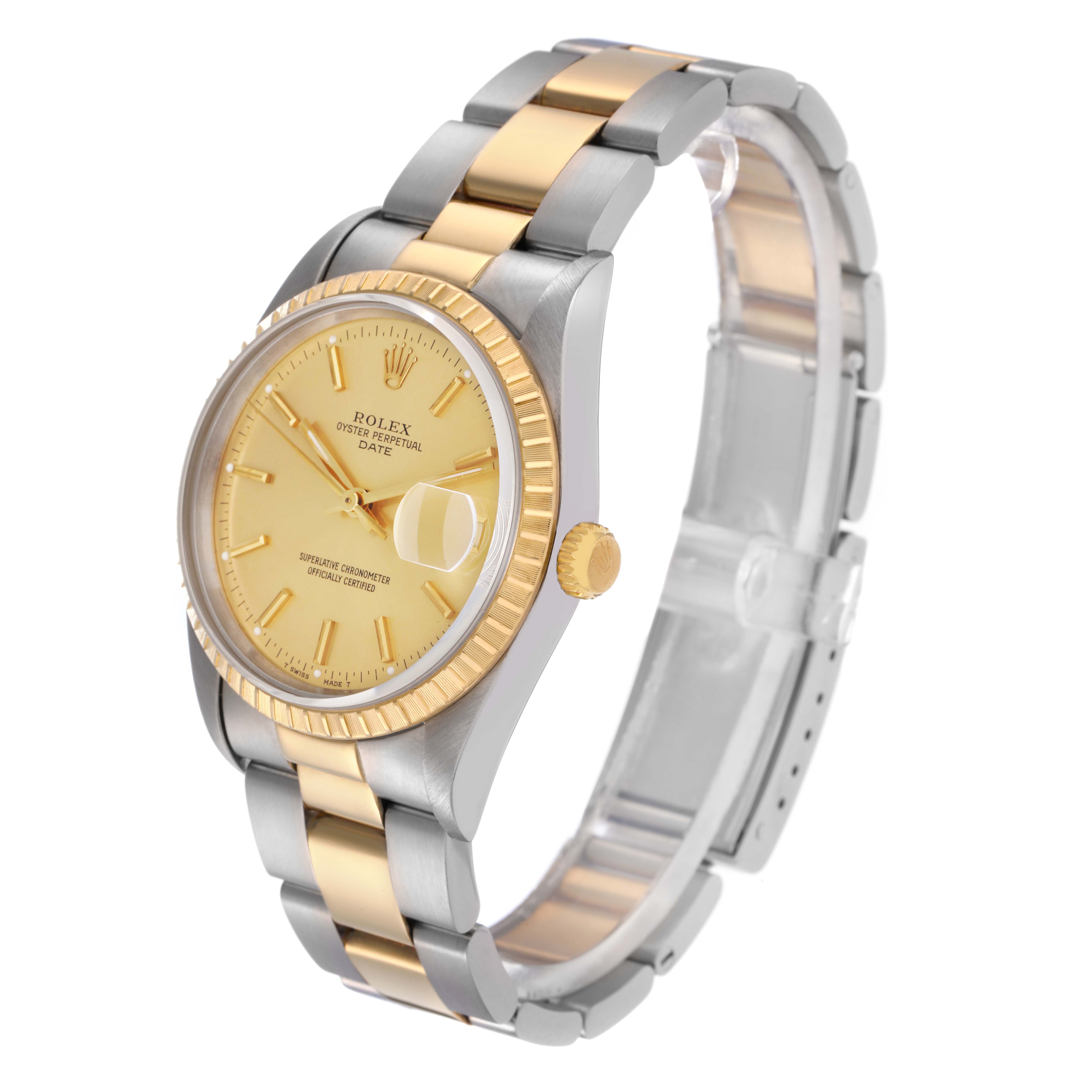 The Rolex Date 15223 Men
s Steel and Gold (two tone) Champagne Dial 15223 Men
s Steel and Gold (two tone) Champagne Dial watch is shown at a three-quarter angle, highlighting the face, fluted bezel, and two-tone bracelet.