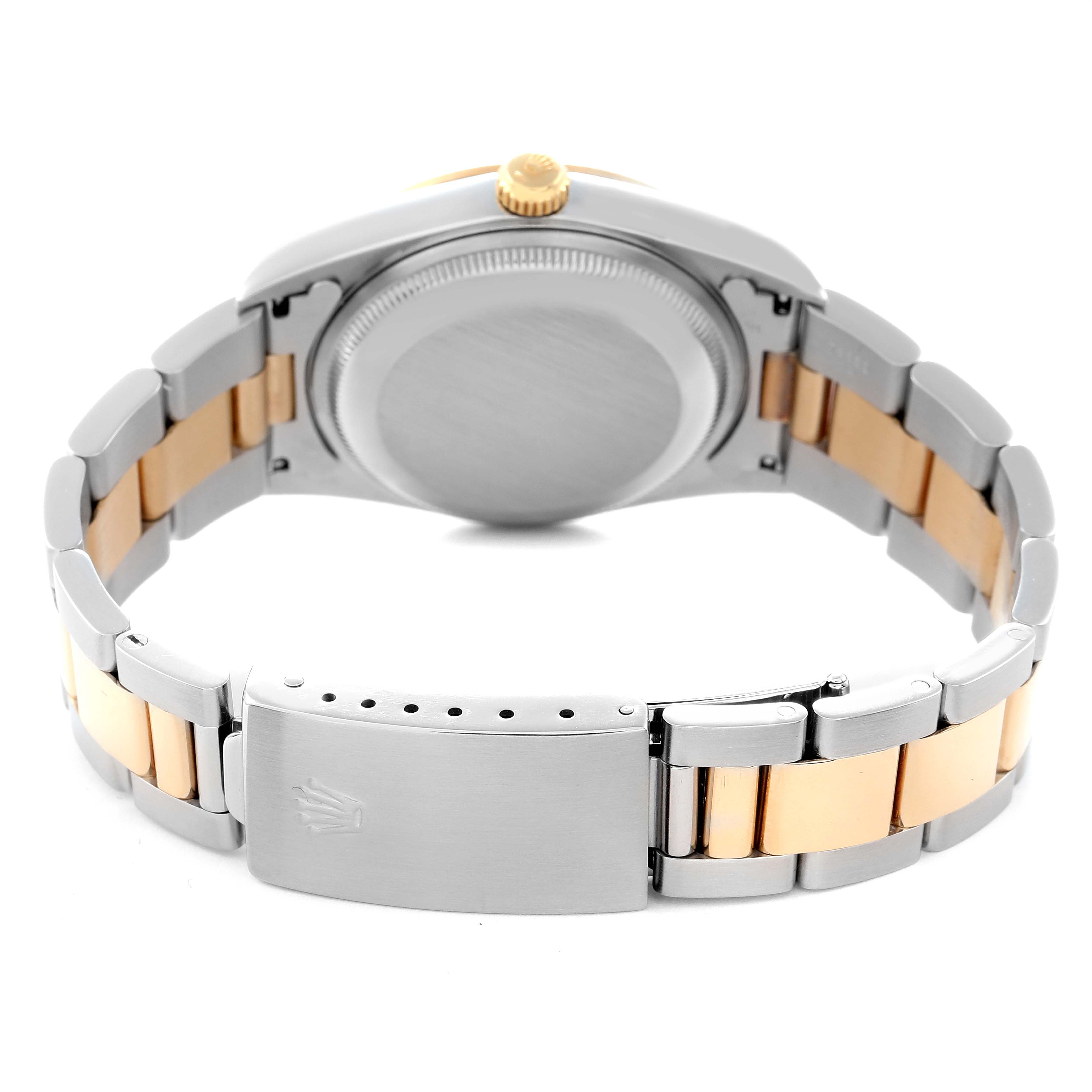 The image shows the back of a Rolex Date 15223 Men
s Steel and Gold (two tone) Champagne Dial 15223 Men
s Steel and Gold (two tone) Champagne Dial model, highlighting the bracelet, clasp, and case back.