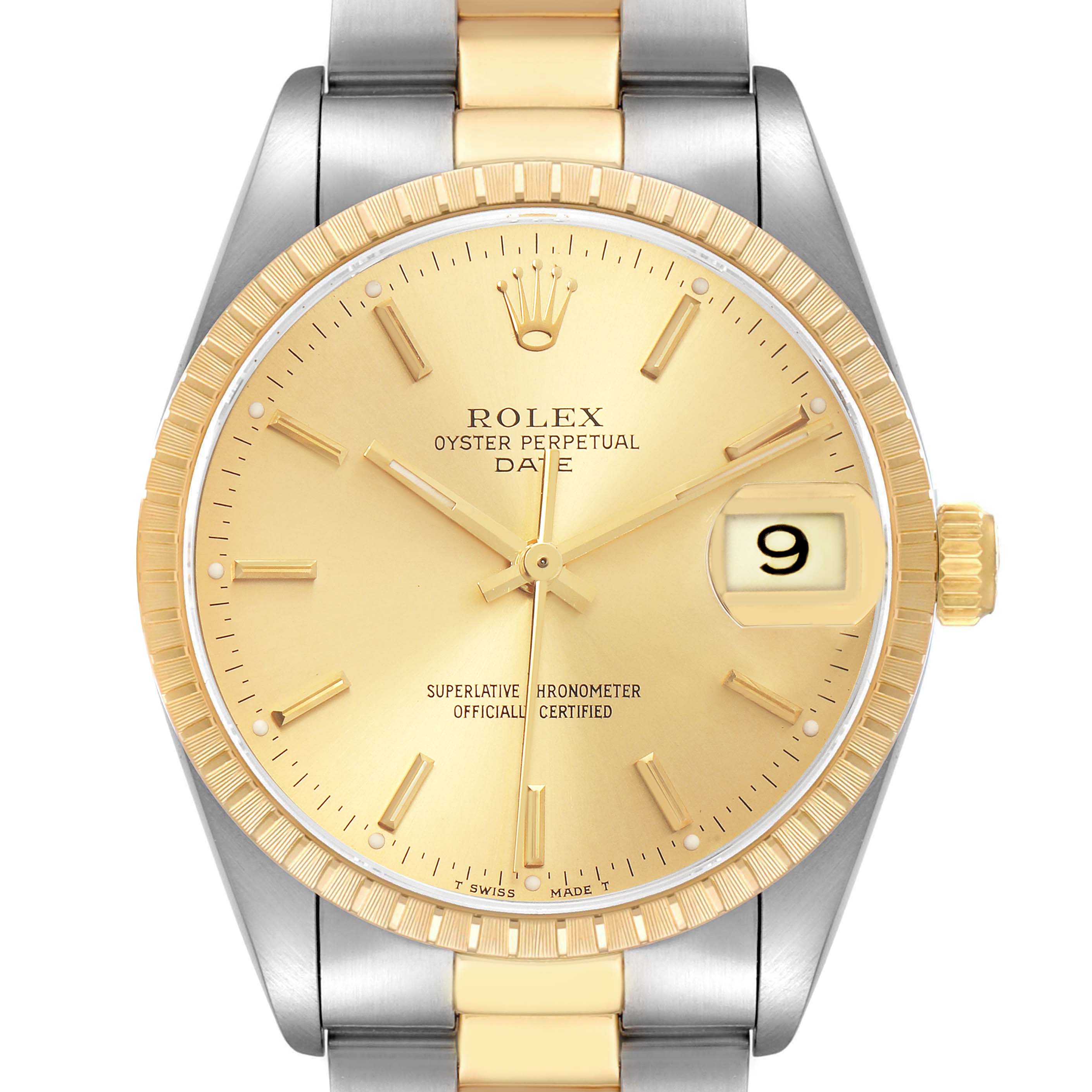The Rolex Date 15223 Men
s Steel and Gold (two tone) Champagne Dial 15223 Men
s Steel and Gold (two tone) Champagne Dial model watch is shown from the front, highlighting the dial, bezel, and part of the bracelet.