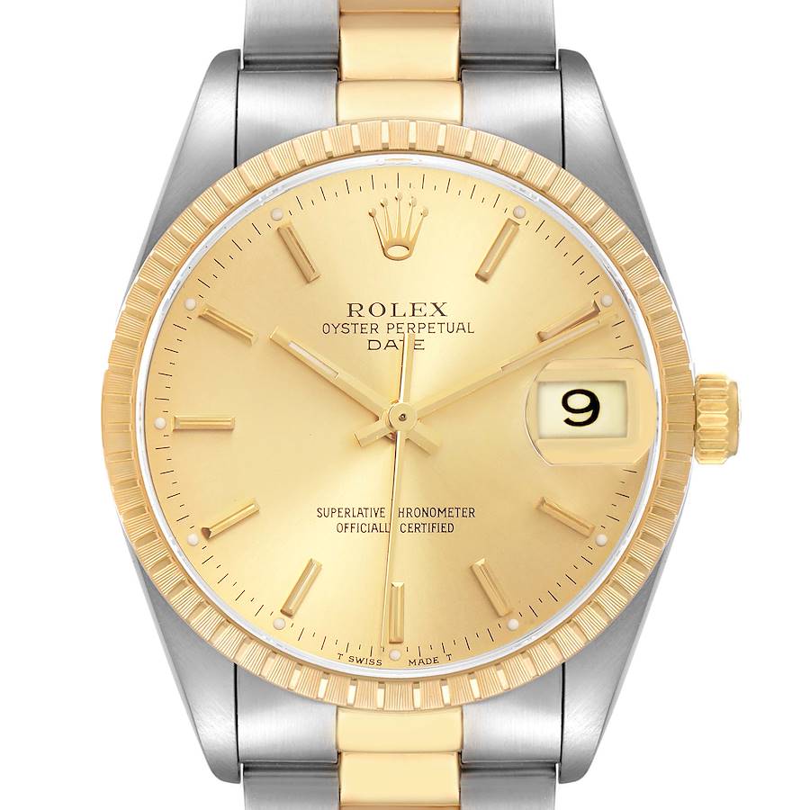 The Rolex Date model watch is shown from the front, highlighting the dial, bezel, and part of the bracelet.