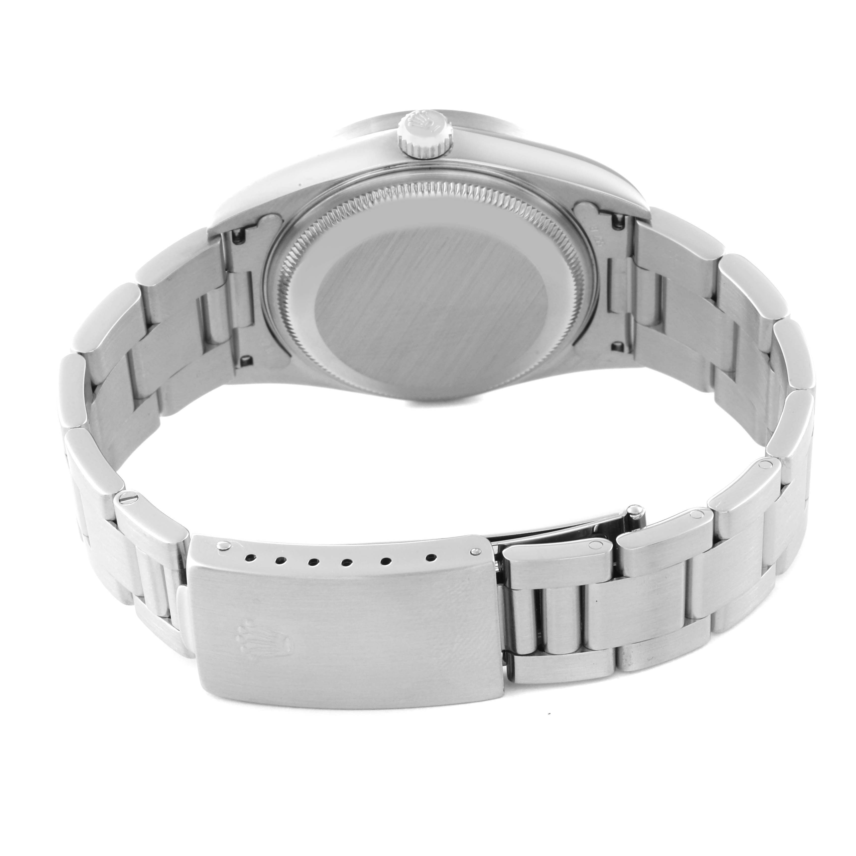 The image shows the back case, bracelet, and clasp of a Rolex Date 15210 Men's Stainless Steel White Dial 15210 Men's Stainless Steel White Dial model watch from a rear angle.