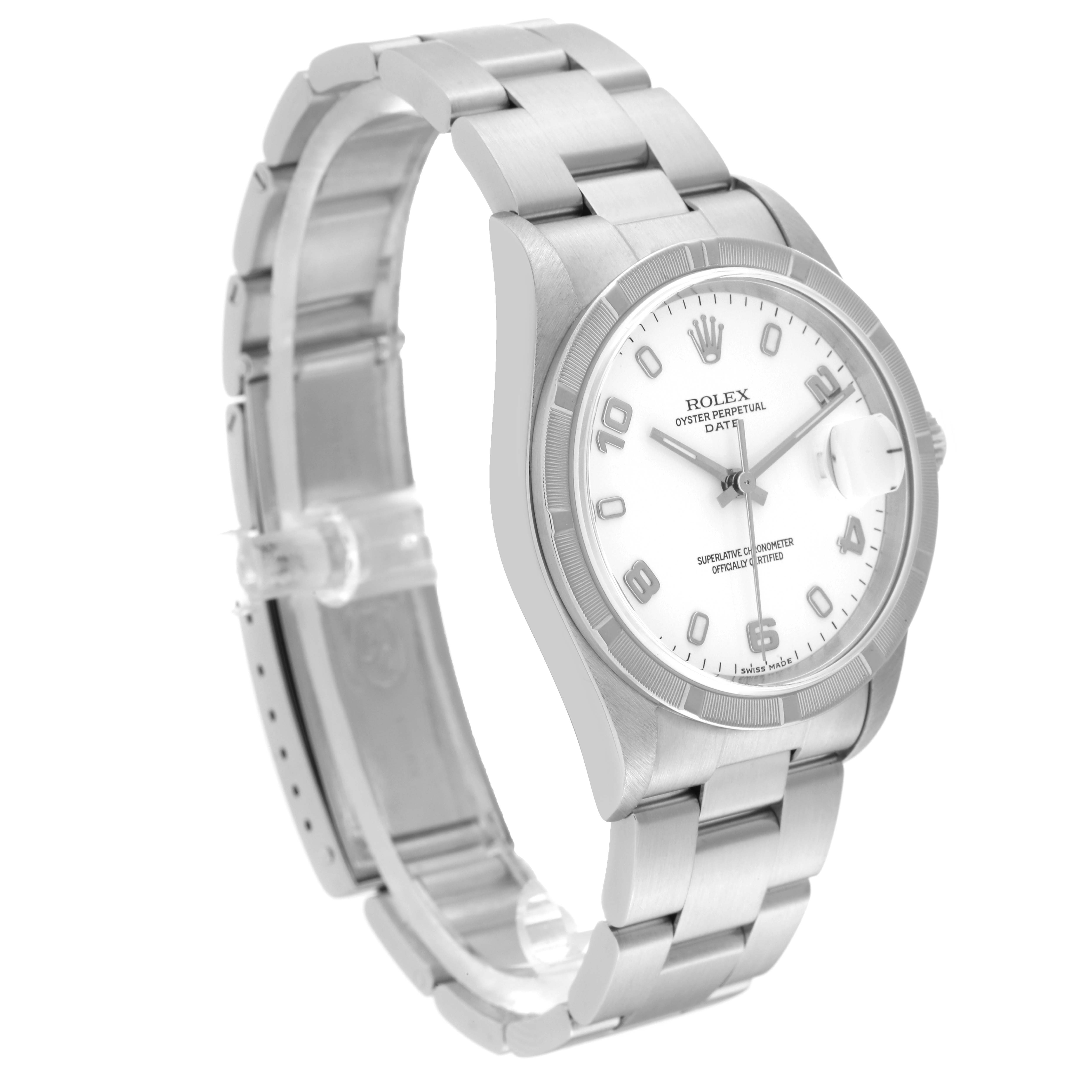 The Rolex Date 15210 Men's Stainless Steel White Dial 15210 Men's Stainless Steel White Dial model watch is shown from a front-left angle, displaying its face, bezel, and bracelet.